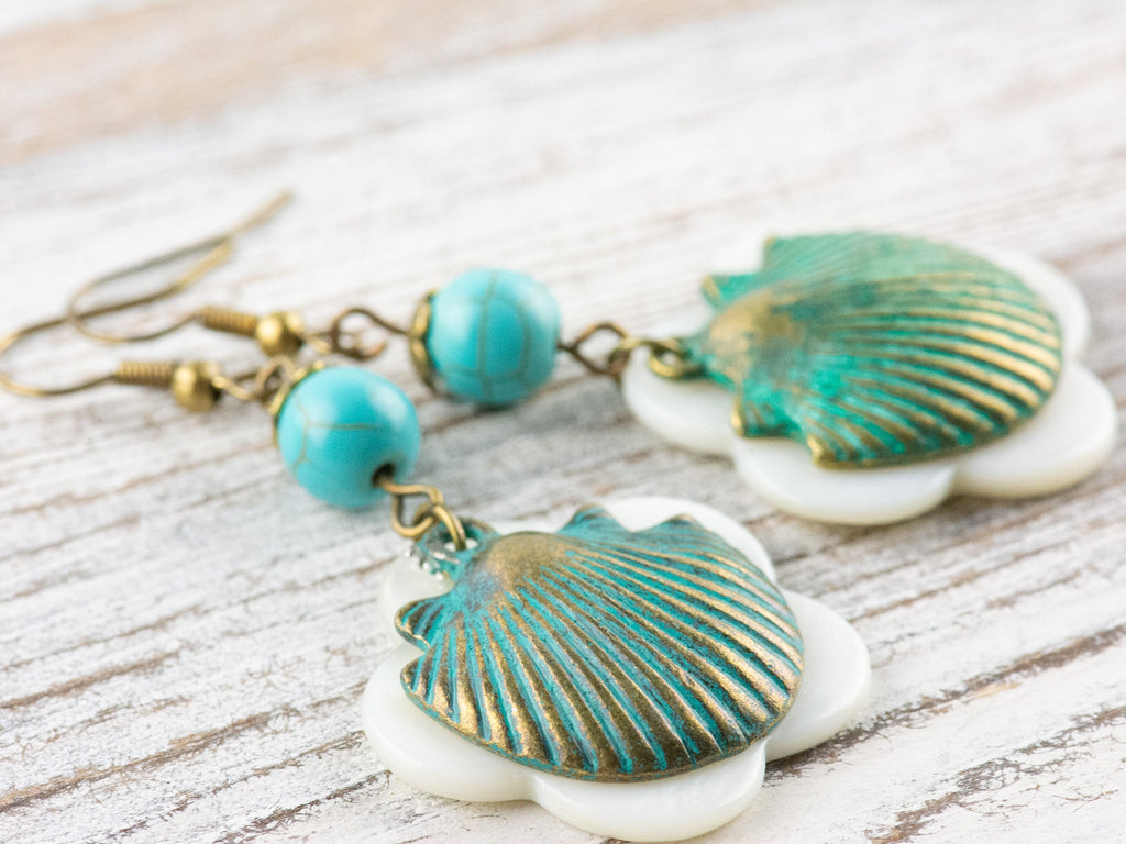 Nautical Seashell Brass Earrings with Ocean Blue Patina • White Freshwater Shells • Turquoise Summer Jewelry