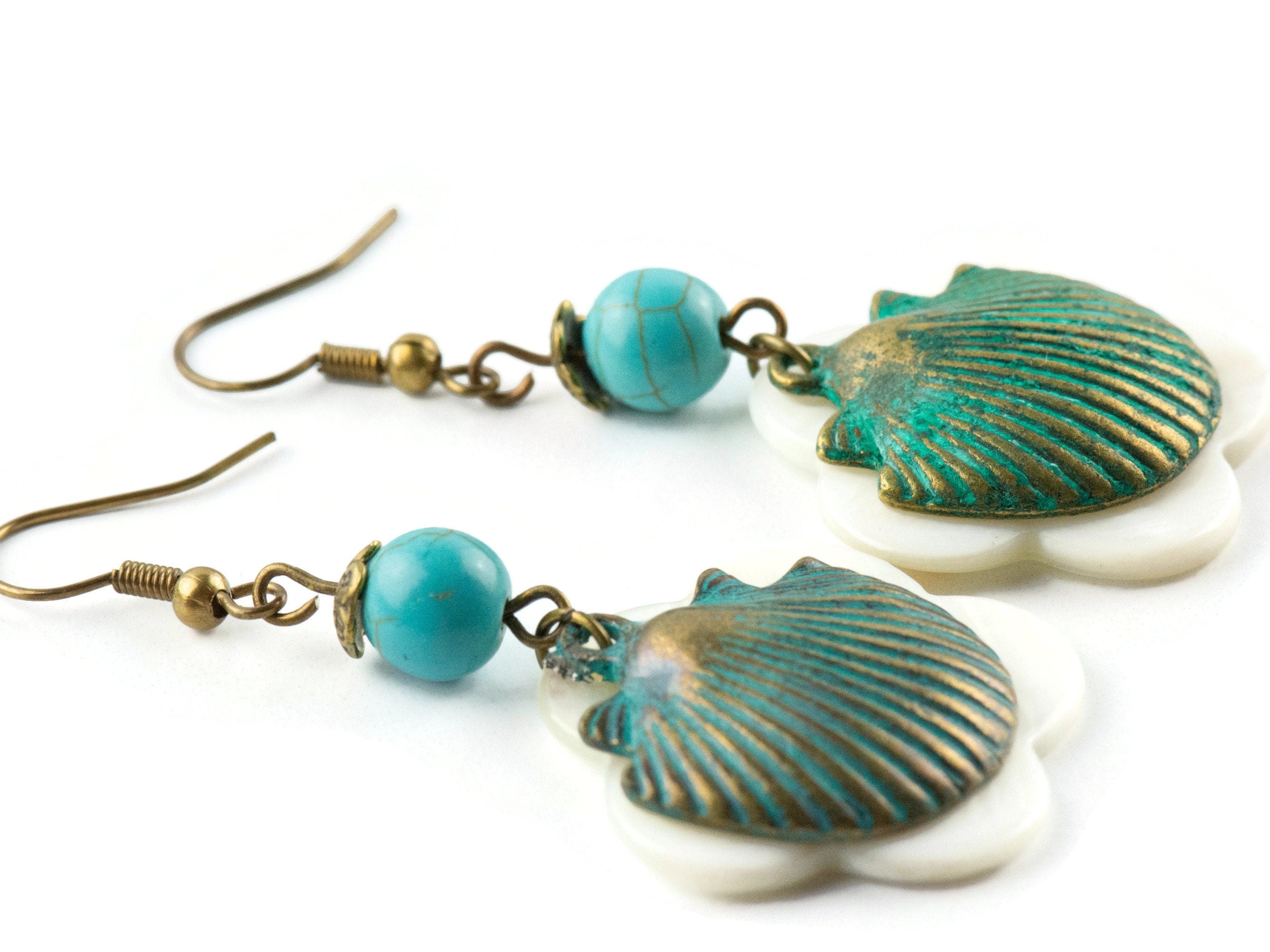 Nautical Seashell Brass Earrings with Ocean Blue Patina • White Freshwater Shells • Turquoise Summer Jewelry
