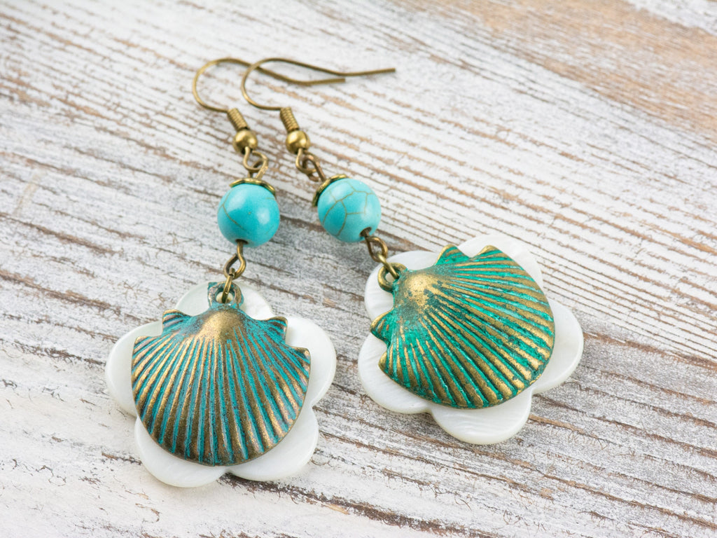 Nautical Seashell Brass Earrings with Ocean Blue Patina • White Freshwater Shells • Turquoise Summer Jewelry