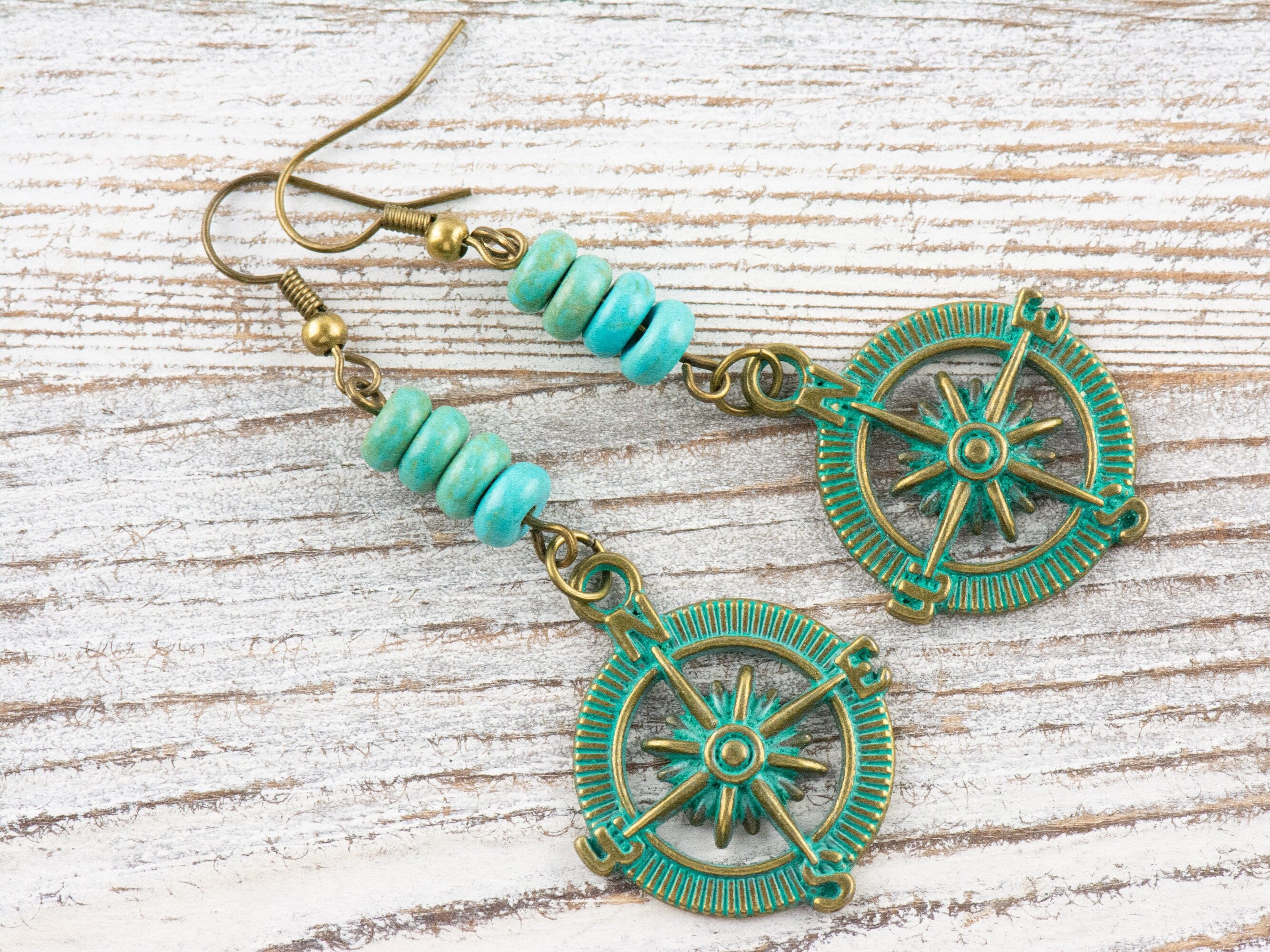 Nautical Compass Brass Earrings with Ocean Blue Patina • Turquoise Summer Jewelry