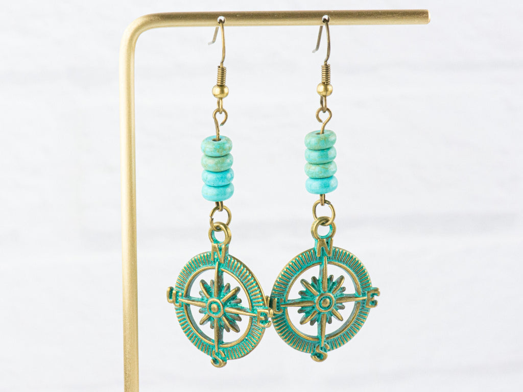 Nautical Compass Brass Earrings with Ocean Blue Patina • Turquoise Summer Jewelry
