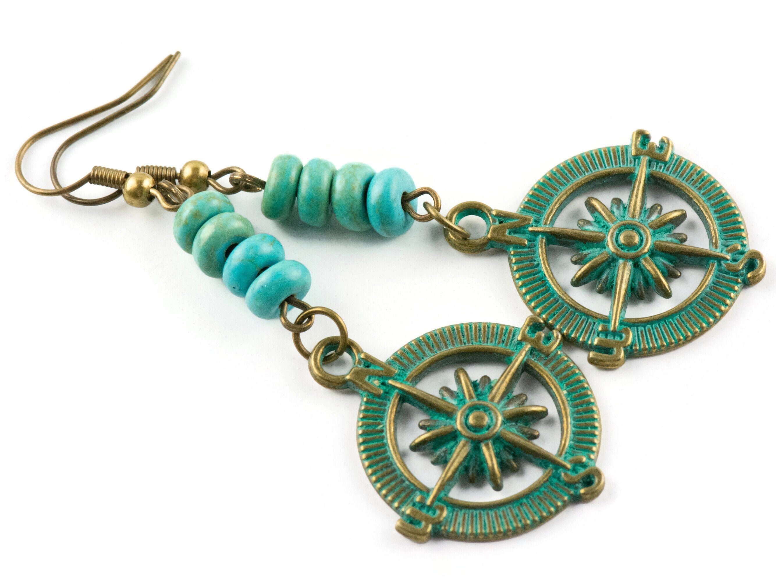 Nautical Compass Brass Earrings with Ocean Blue Patina • Turquoise Summer Jewelry