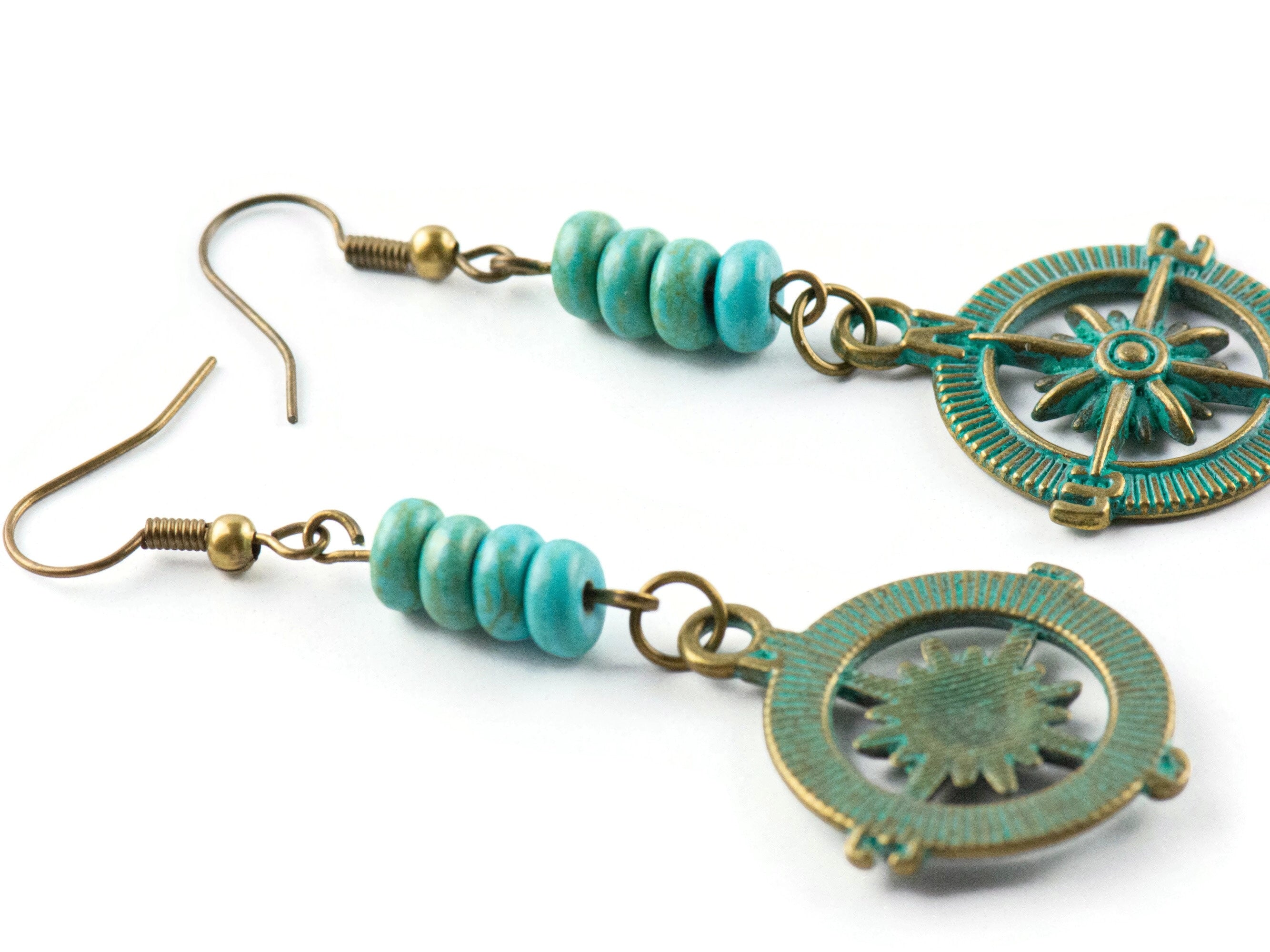 Nautical Compass Brass Earrings with Ocean Blue Patina • Turquoise Summer Jewelry
