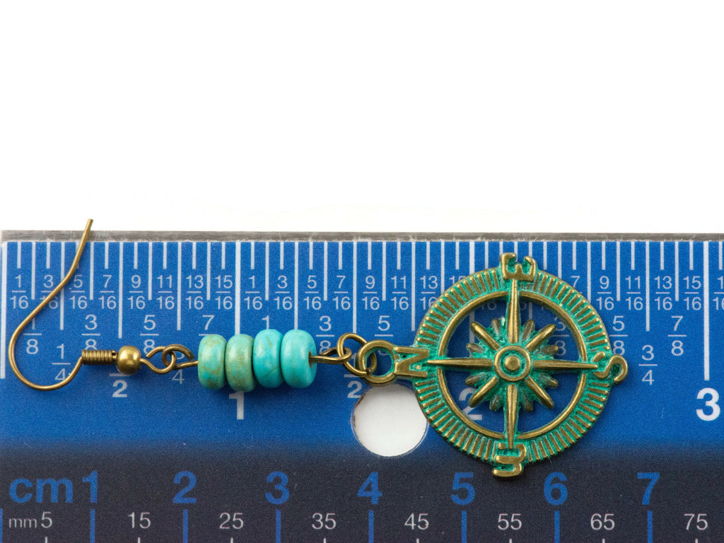 Nautical Compass Brass Earrings with Ocean Blue Patina • Turquoise Summer Jewelry