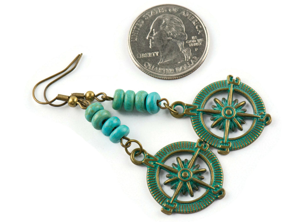 Nautical Compass Brass Earrings with Ocean Blue Patina • Turquoise Summer Jewelry