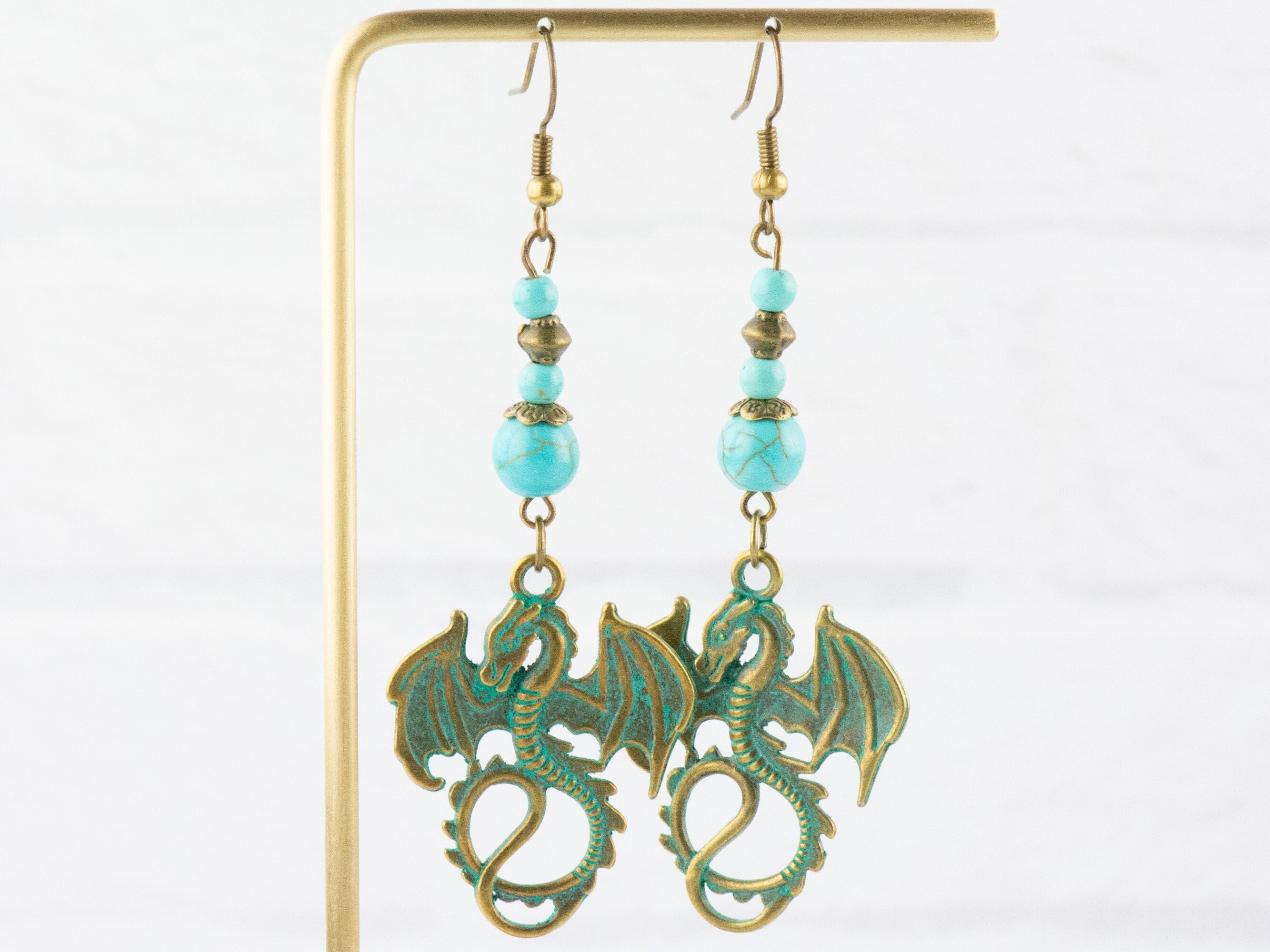 Nautical Sea Dragon Brass Earrings with Ocean Blue Patina • Turquoise Summer Jewelry