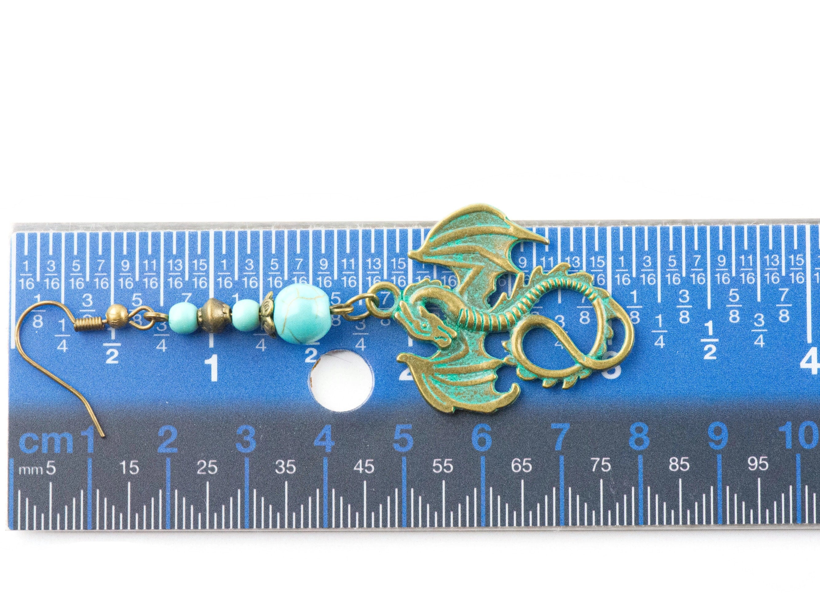 Nautical Sea Dragon Brass Earrings with Ocean Blue Patina • Turquoise Summer Jewelry