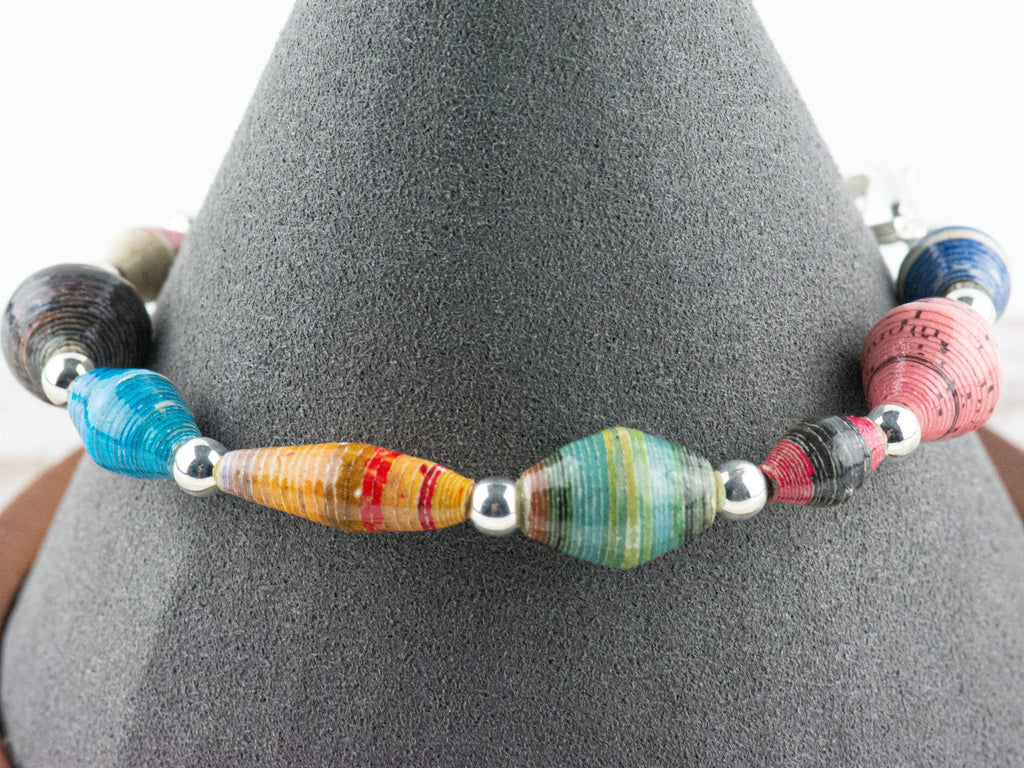 Recycled Paper Beads Interchangeable Stretch Beaded Watch Band • Medical ID Bracelet • Single Strand • Handmade Jewelry
