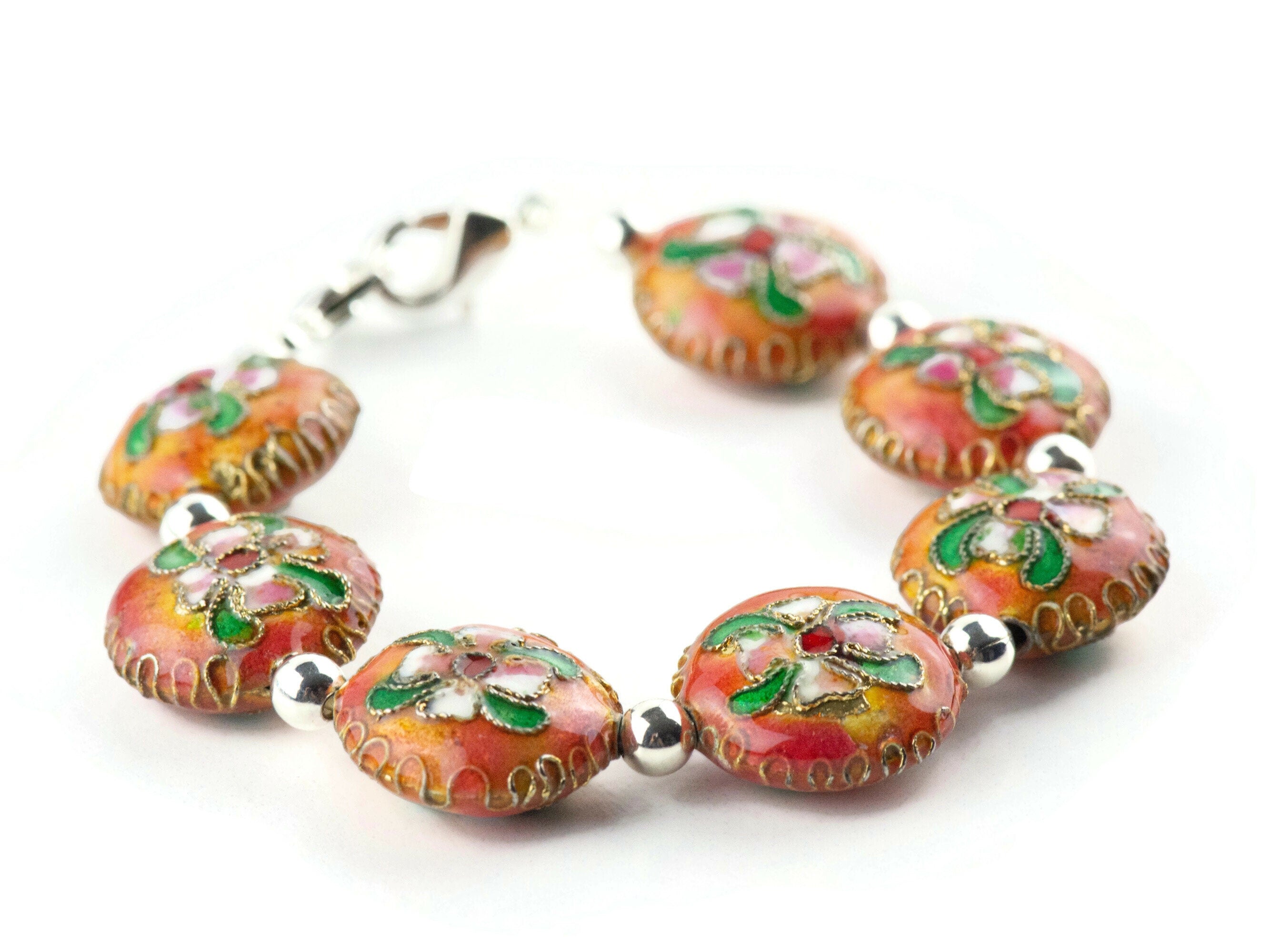 Cloisonne Orange Interchangeable Stretch Beaded Watch Band • Medical ID Bracelet • Single Strand • Handmade Jewelry