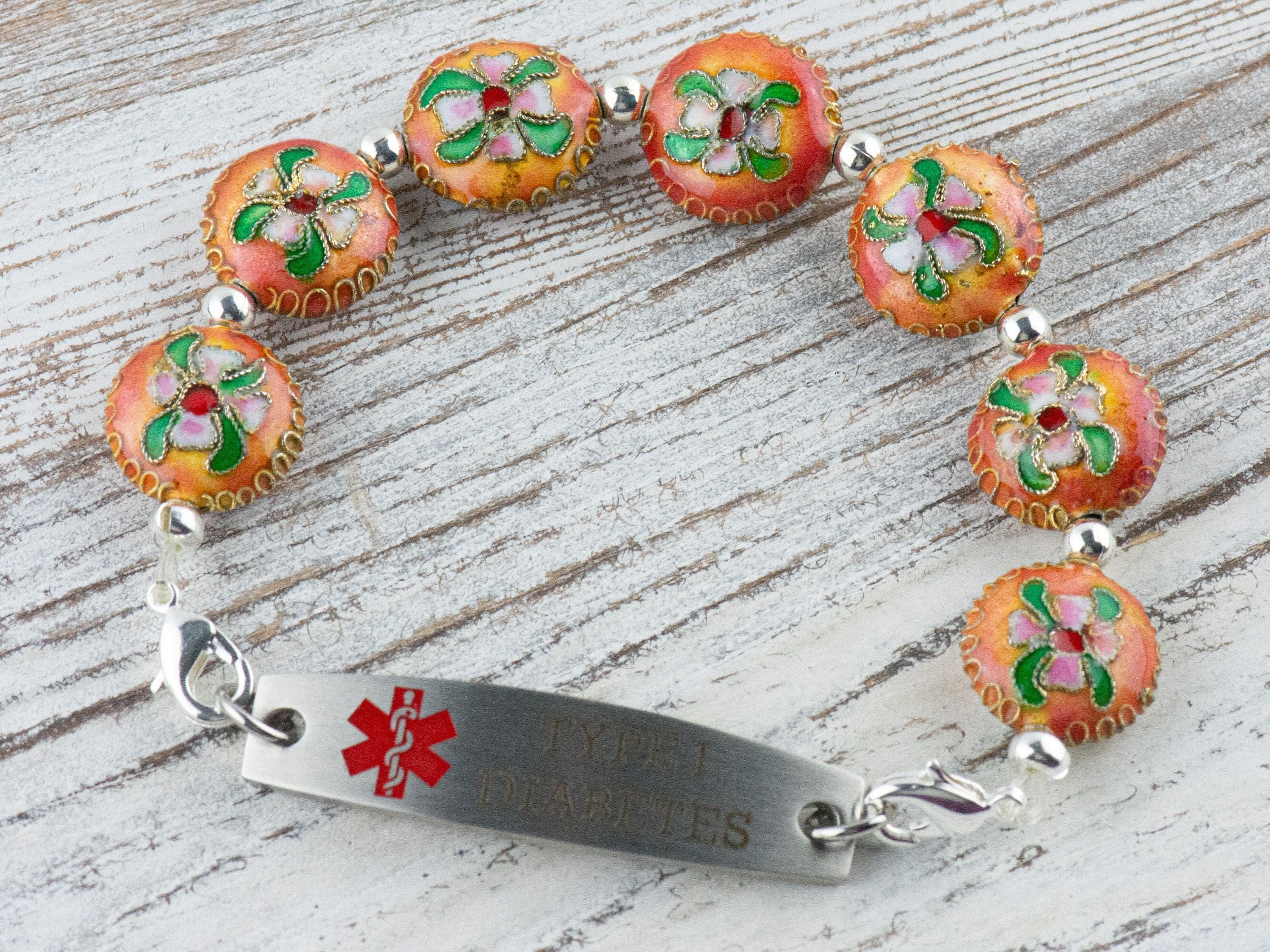 Cloisonne Orange Interchangeable Stretch Beaded Watch Band • Medical ID Bracelet • Single Strand • Handmade Jewelry