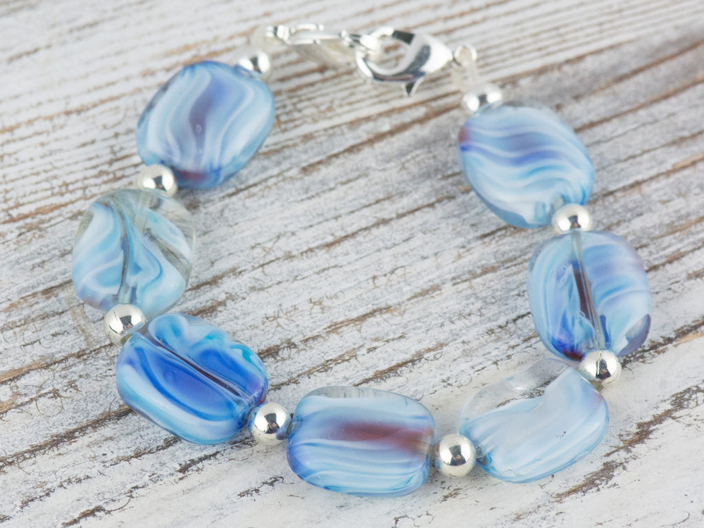 Blue Glass Swirly Square Interchangeable Stretch Beaded Watch Band • Medical ID Bracelet • Single Strand • Handmade Jewelry