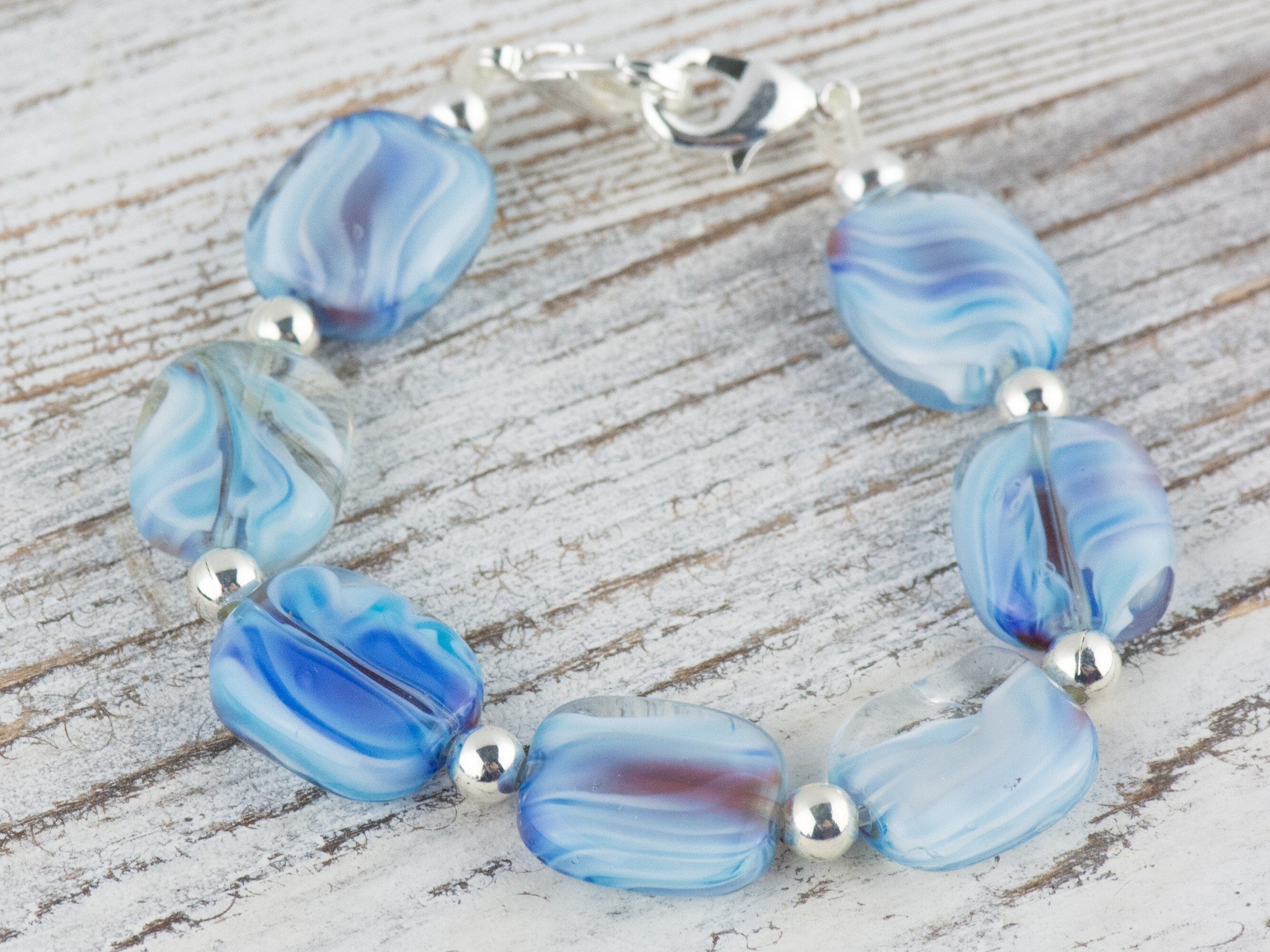 Blue Glass Swirly Square Interchangeable Stretch Beaded Watch Band • Medical ID Bracelet • Single Strand • Handmade Jewelry