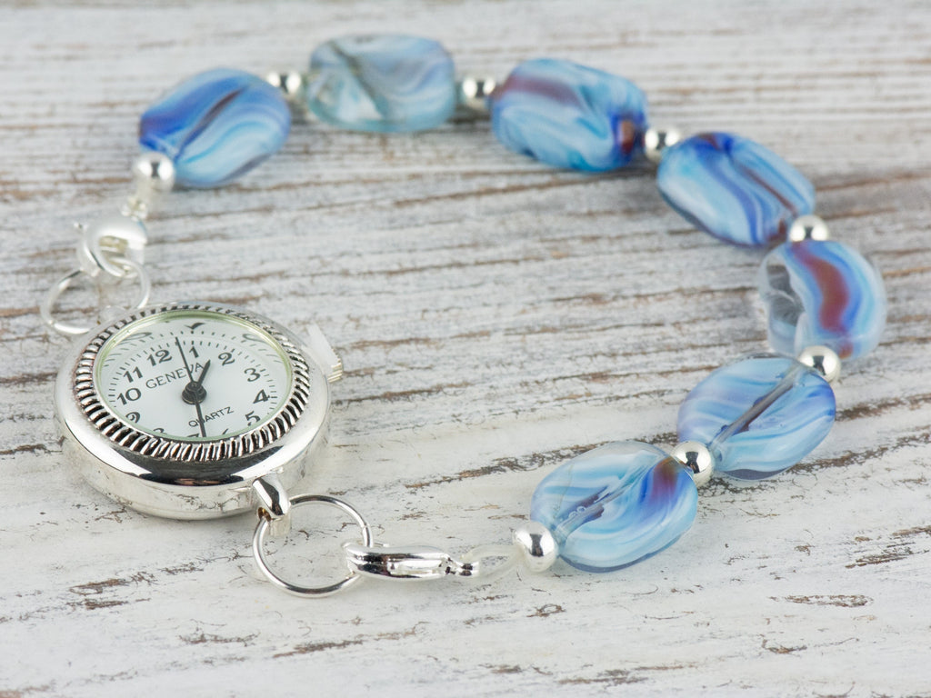 Blue Glass Swirly Square Interchangeable Stretch Beaded Watch Band • Medical ID Bracelet • Single Strand • Handmade Jewelry