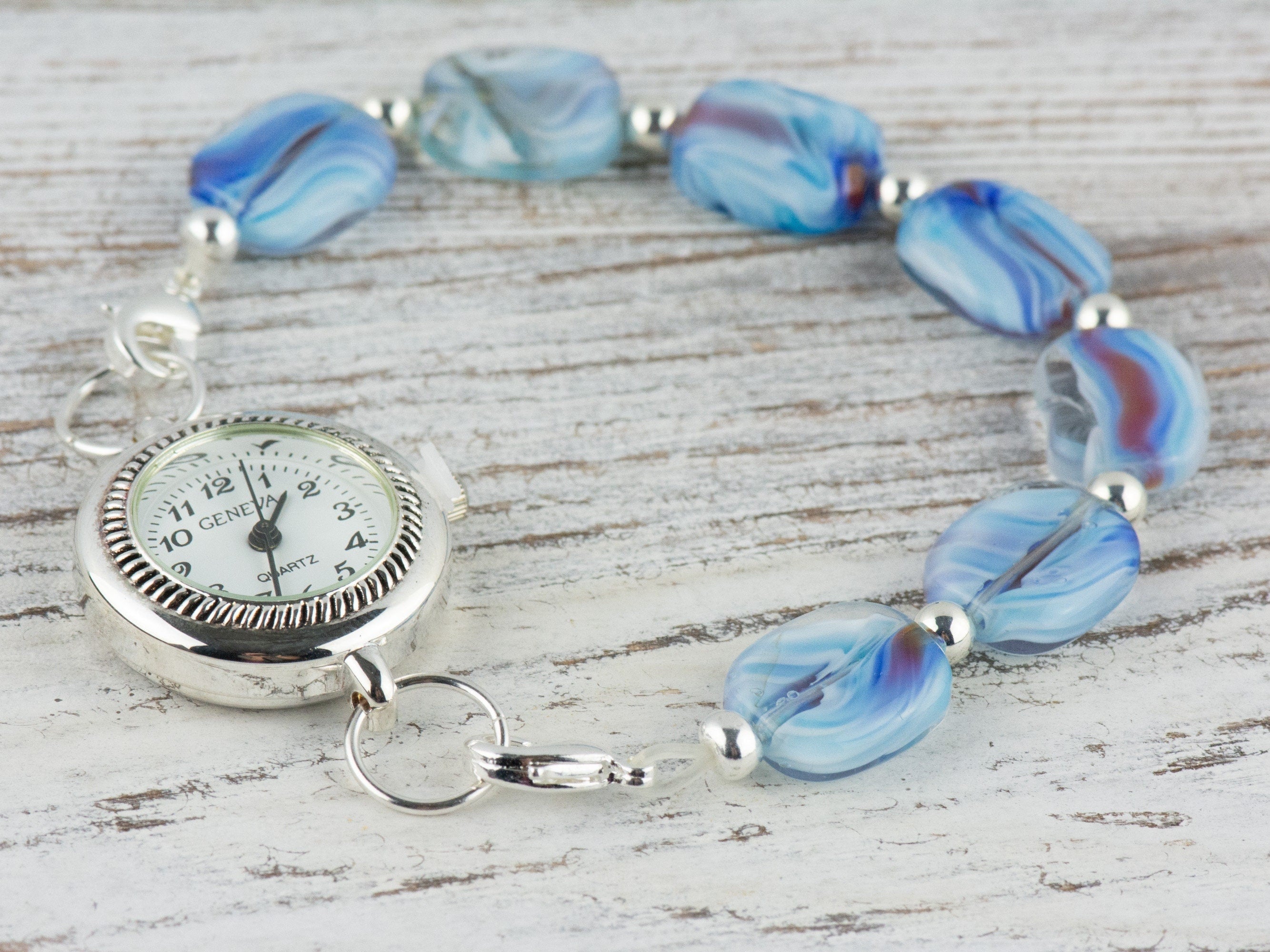 Blue Glass Swirly Square Interchangeable Stretch Beaded Watch Band • Medical ID Bracelet • Single Strand • Handmade Jewelry
