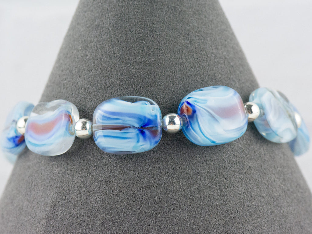 Blue Glass Swirly Square Interchangeable Stretch Beaded Watch Band • Medical ID Bracelet • Single Strand • Handmade Jewelry