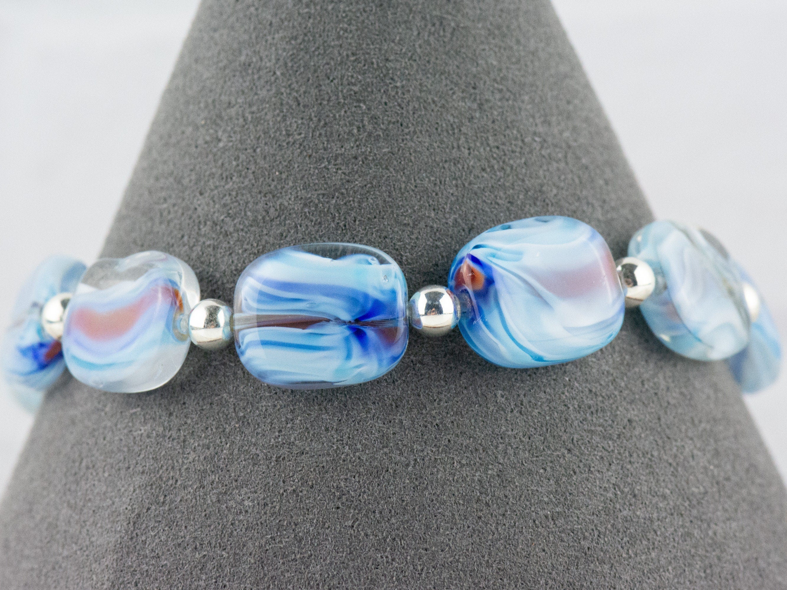 Blue Glass Swirly Square Interchangeable Stretch Beaded Watch Band • Medical ID Bracelet • Single Strand • Handmade Jewelry