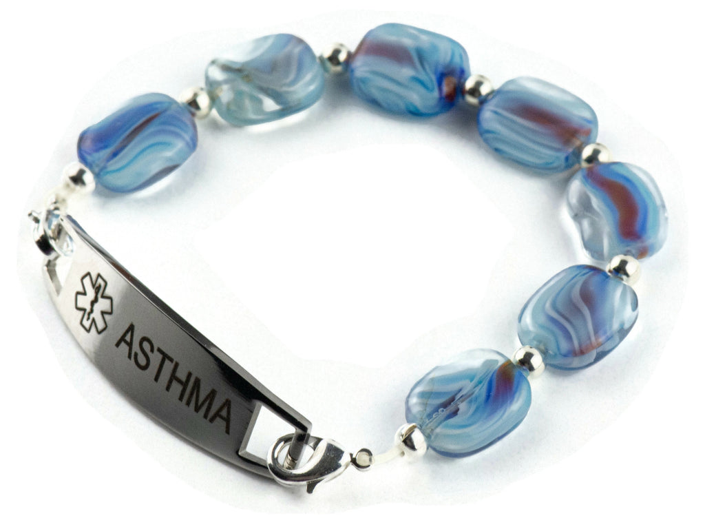 Blue Glass Swirly Square Interchangeable Stretch Beaded Watch Band • Medical ID Bracelet • Single Strand • Handmade Jewelry