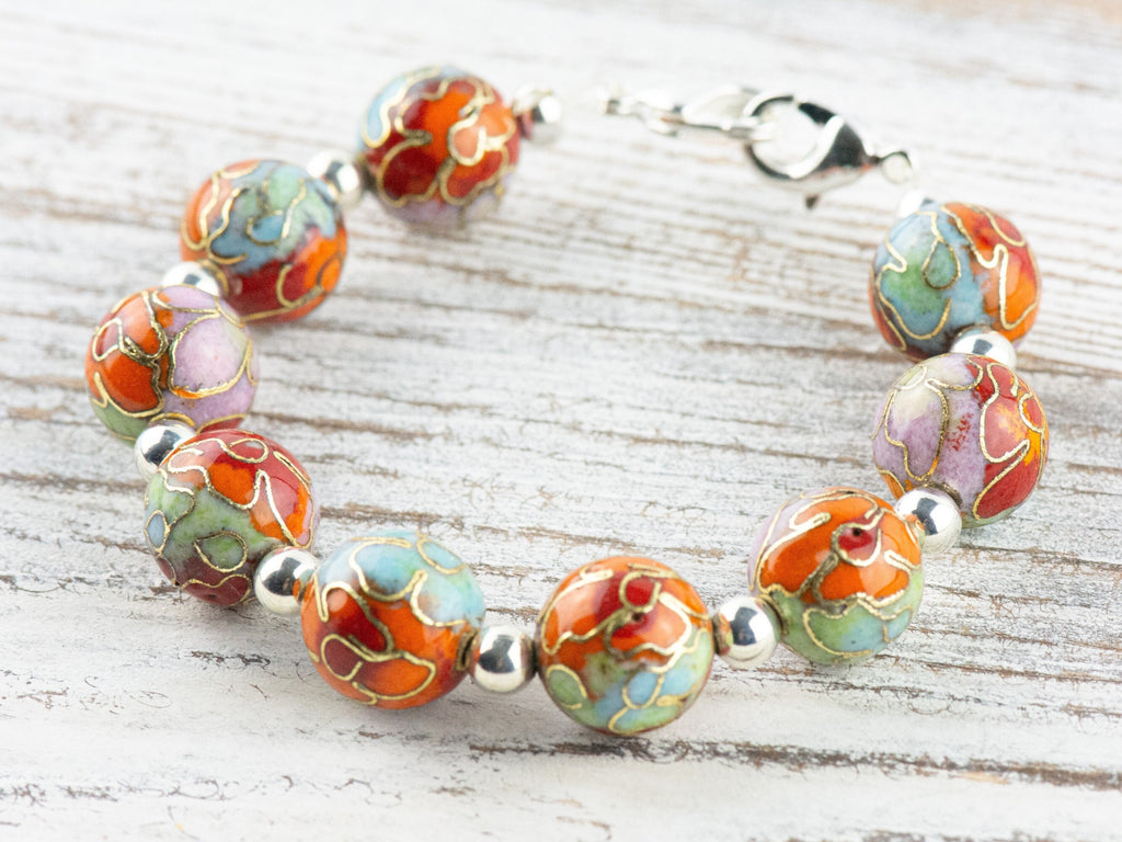 Cloisonne Round Orange Mix Interchangeable Stretch Beaded Watch Band • Medical ID Bracelet • Single Strand • Handmade Jewelry