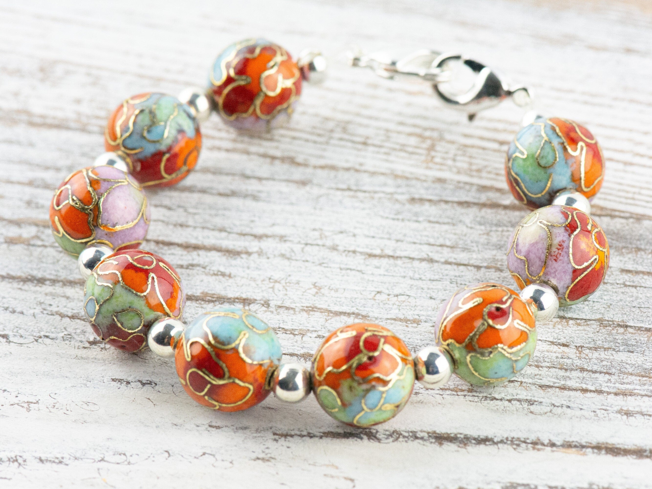 Cloisonne Round Orange Mix Interchangeable Stretch Beaded Watch Band • Medical ID Bracelet • Single Strand • Handmade Jewelry