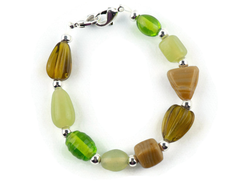 Earthy Green & Brown Glass Interchangeable Stretch Beaded Watch Band • Medical ID Bracelet • Single Strand • Handmade Jewelry