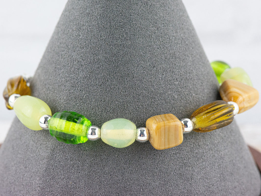 Earthy Green & Brown Glass Interchangeable Stretch Beaded Watch Band • Medical ID Bracelet • Single Strand • Handmade Jewelry