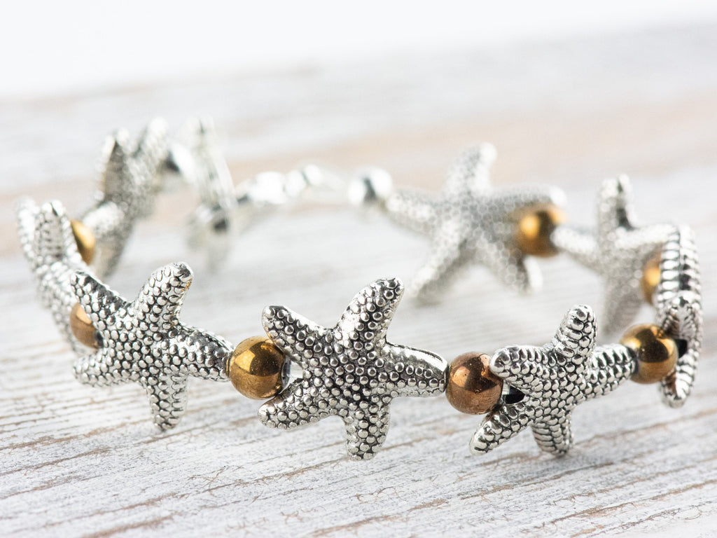 Metal Starfish Interchangeable Stretch Beaded Watch Band • Medical ID Bracelet • Single Strand • Handmade Jewelry