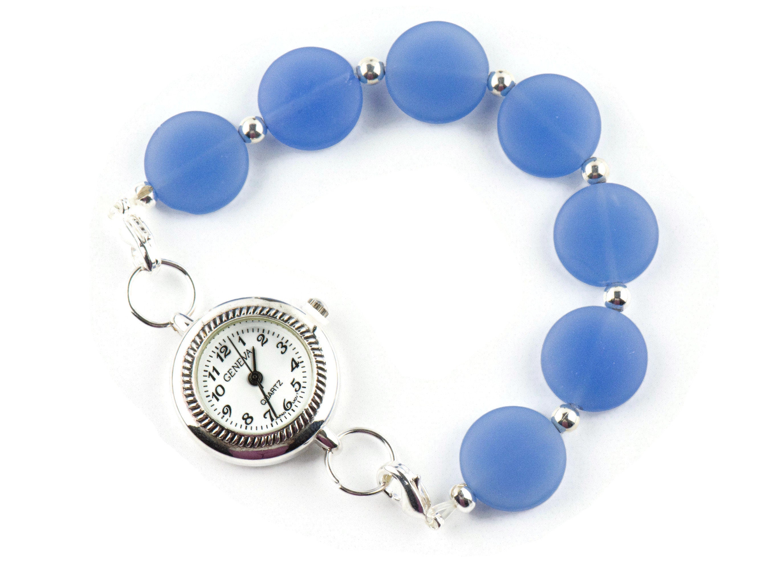 Frosted Blue Glass Interchangeable Stretch Beaded Watch Band • Medical ID Bracelet • Single Strand • Handmade Jewelry