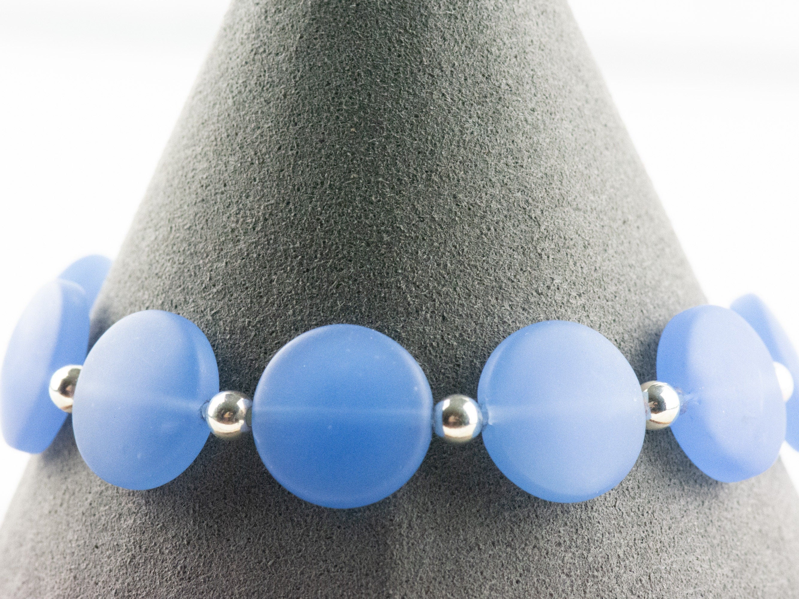 Frosted Blue Glass Interchangeable Stretch Beaded Watch Band • Medical ID Bracelet • Single Strand • Handmade Jewelry