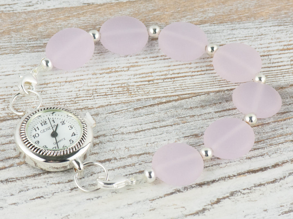 Frosted Pink Glass Interchangeable Stretch Beaded Watch Band • Medical ID Bracelet • Single Strand • Handmade Jewelry