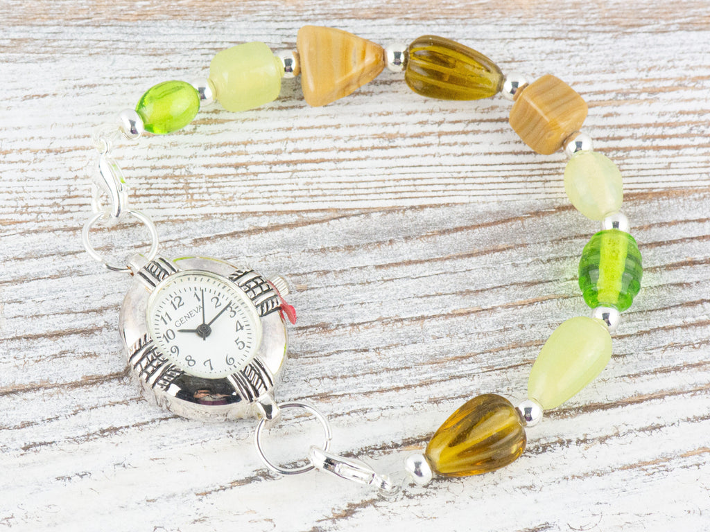 Earthy Green & Brown Glass Interchangeable Stretch Beaded Watch Band • Medical ID Bracelet • Single Strand • Handmade Jewelry