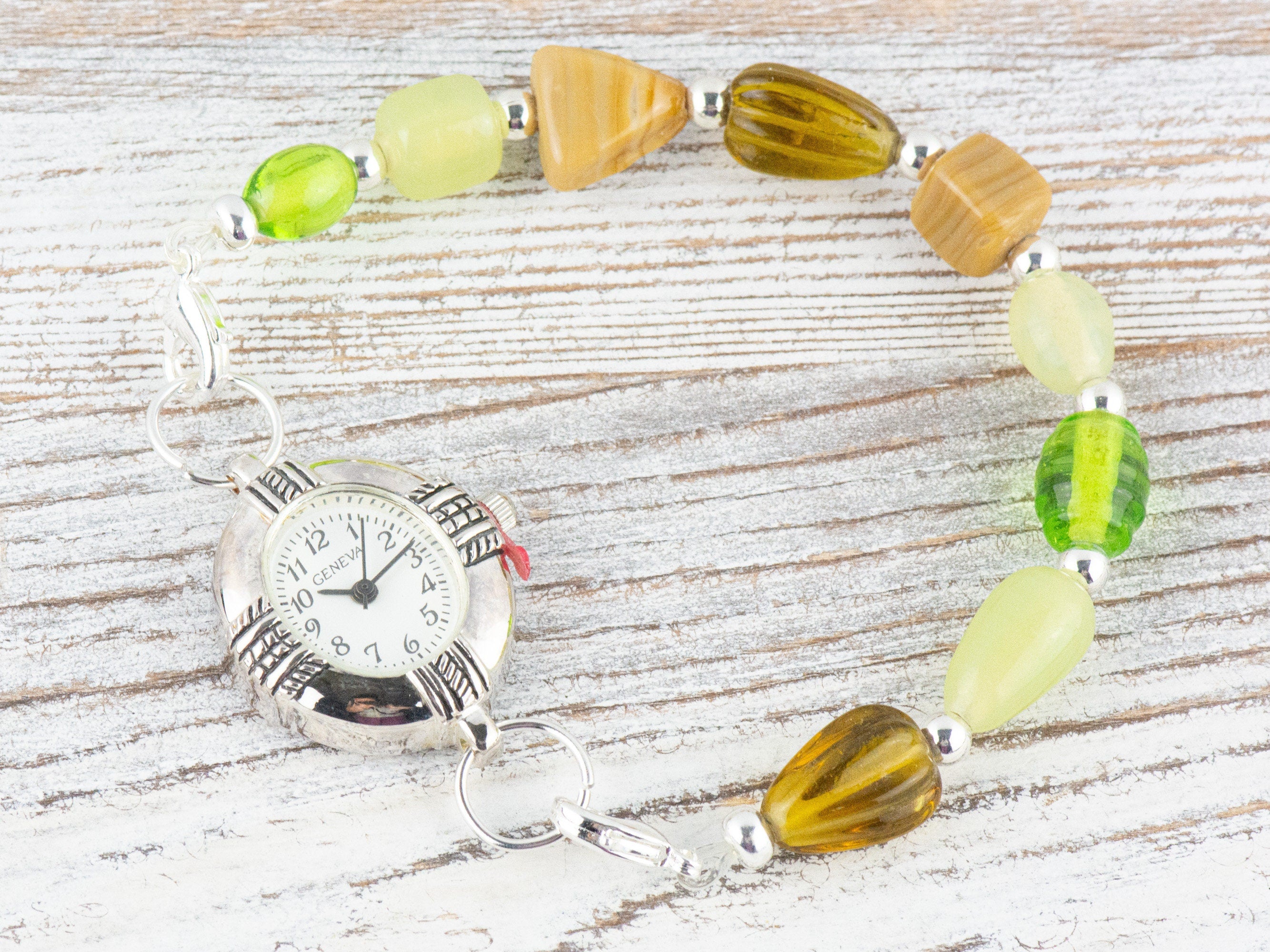 Earthy Green & Brown Glass Interchangeable Stretch Beaded Watch Band • Medical ID Bracelet • Single Strand • Handmade Jewelry