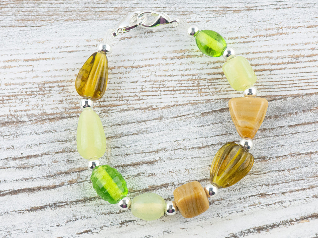 Earthy Green & Brown Glass Interchangeable Stretch Beaded Watch Band • Medical ID Bracelet • Single Strand • Handmade Jewelry
