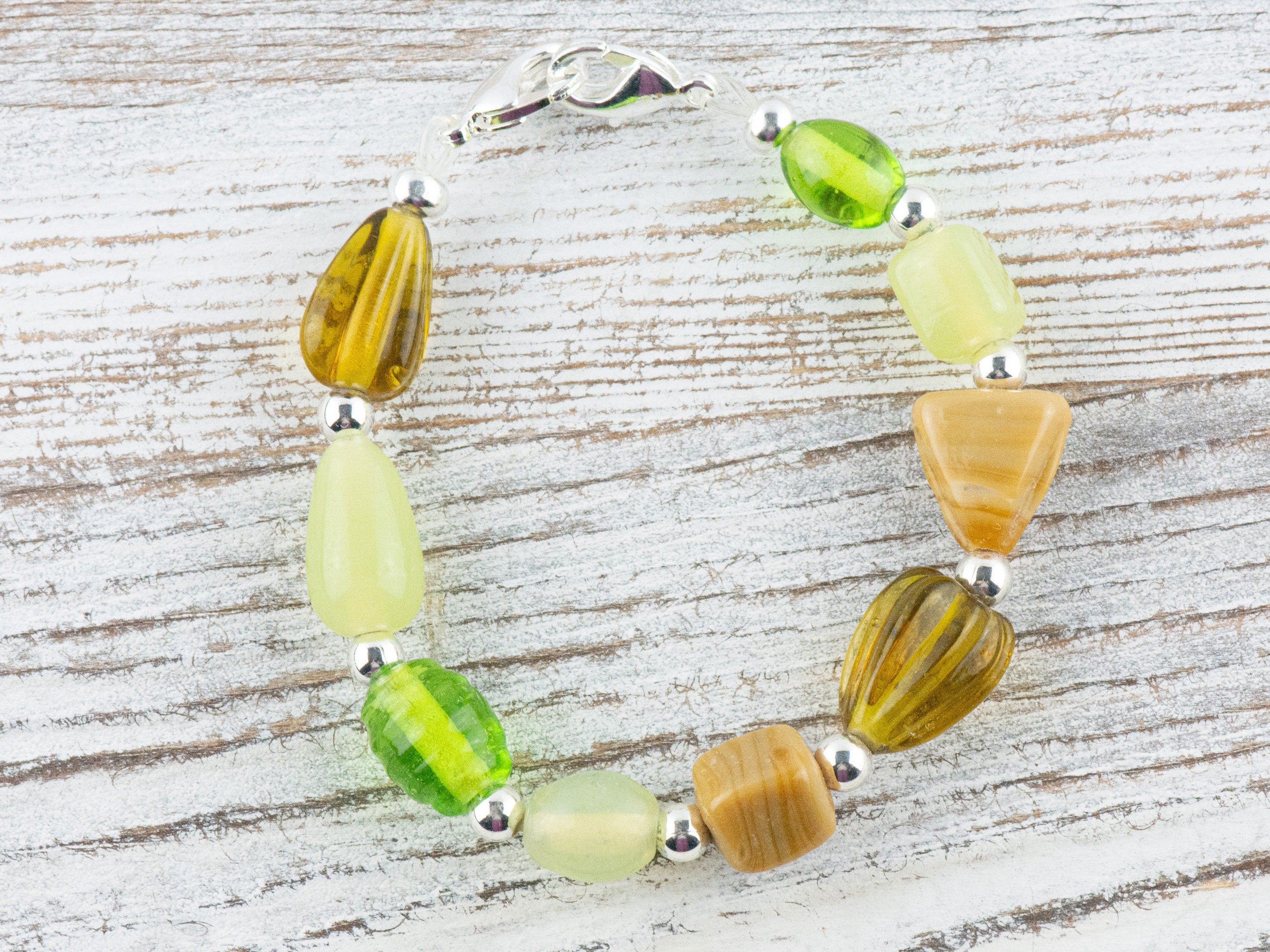 Earthy Green & Brown Glass Interchangeable Stretch Beaded Watch Band • Medical ID Bracelet • Single Strand • Handmade Jewelry