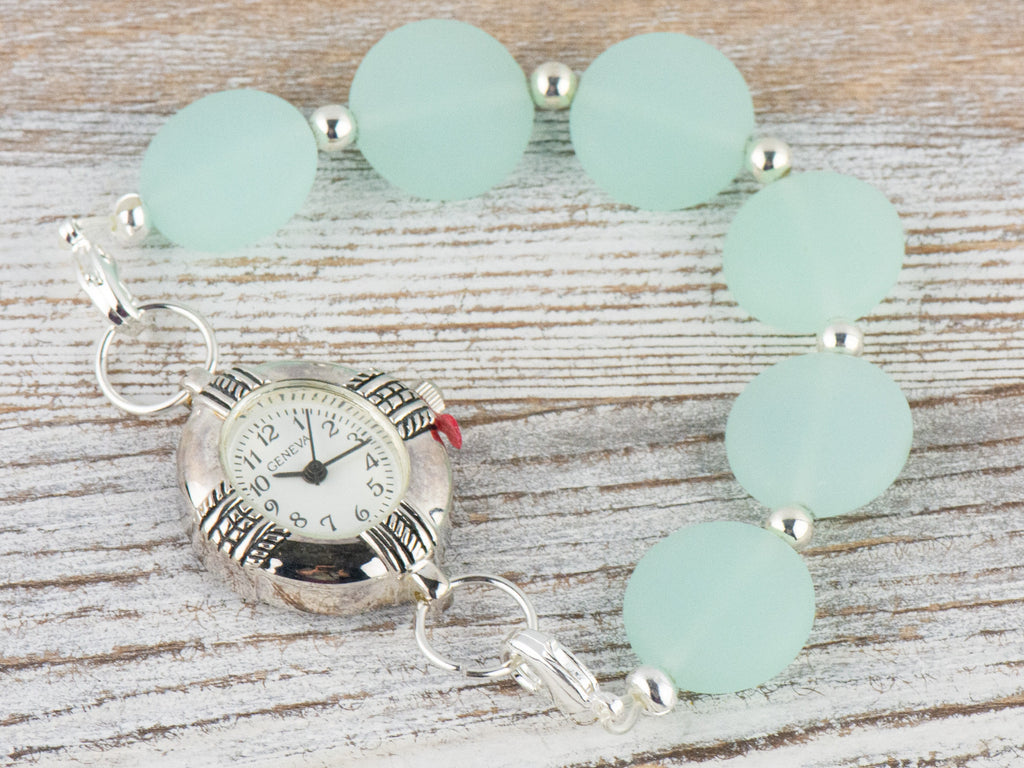 Frosted Light Blue Glass Interchangeable Stretch Beaded Watch Band • Medical ID Bracelet • Single Strand • Handmade Jewelry