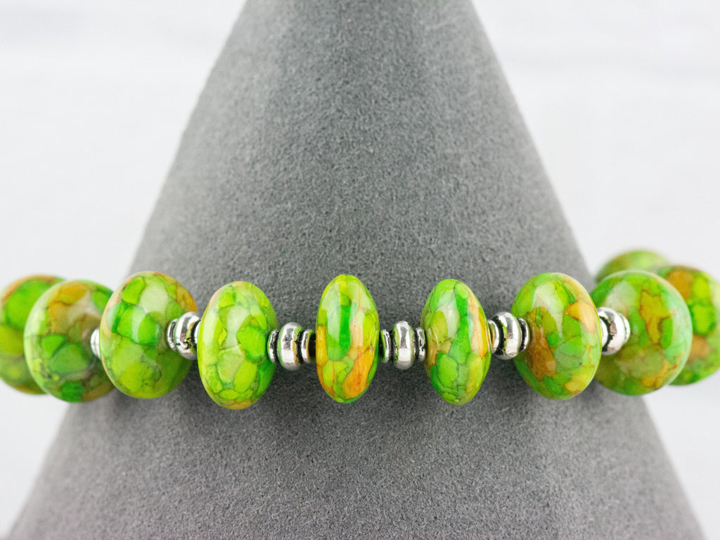 Green Mosaic Rondelle Interchangeable Stretch Beaded Watch Band • Medical ID Bracelet • Single Strand • Handmade Jewelry