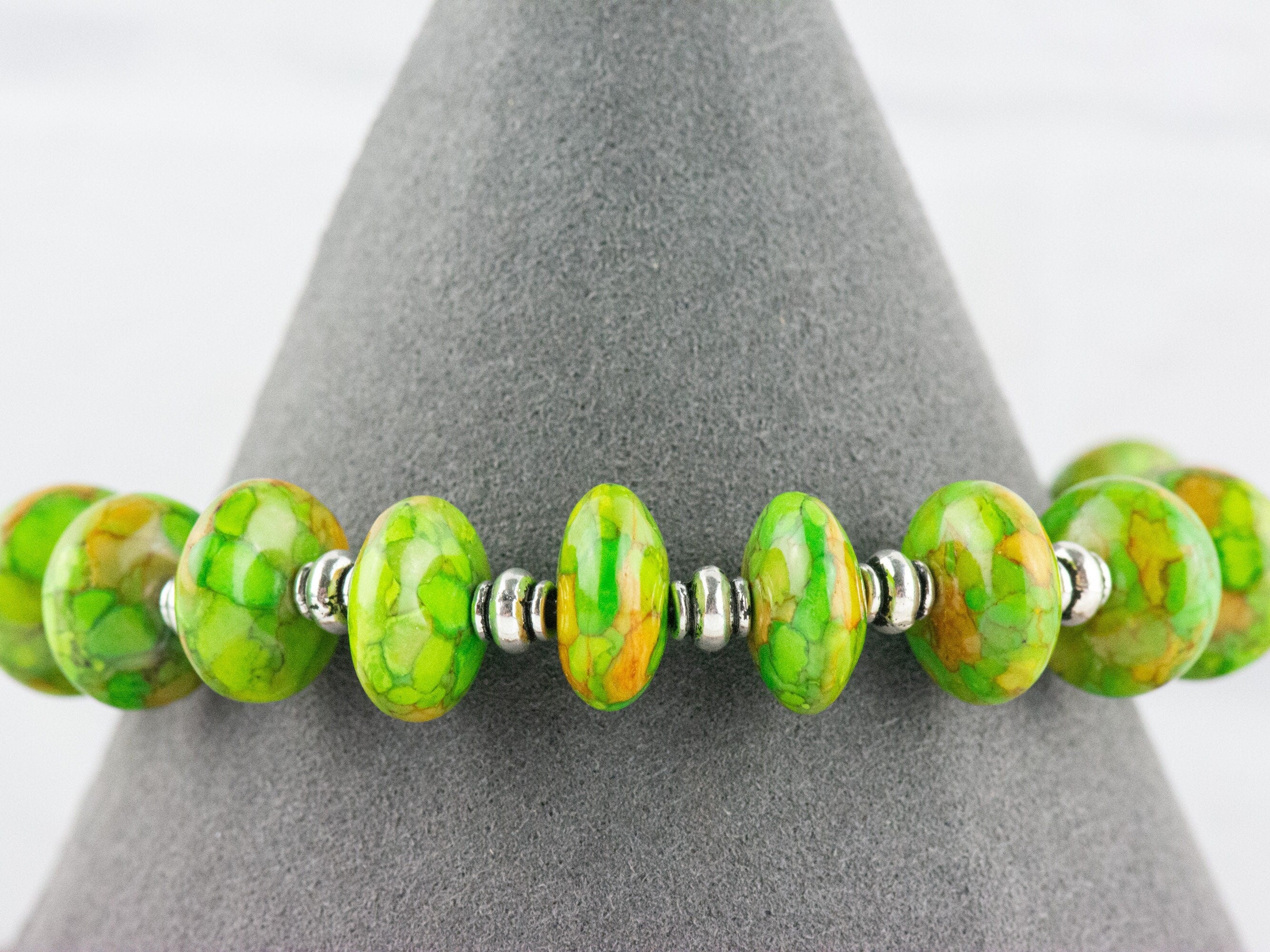 Green Mosaic Rondelle Interchangeable Stretch Beaded Watch Band • Medical ID Bracelet • Single Strand • Handmade Jewelry