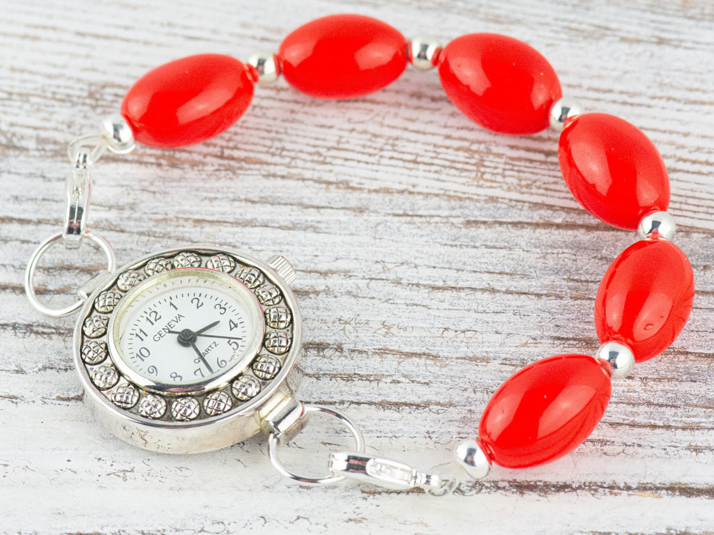 Red Vintage German Glass Interchangeable Stretch Beaded Watch Band • Medical ID Bracelet • Single Strand • Handmade Jewelry