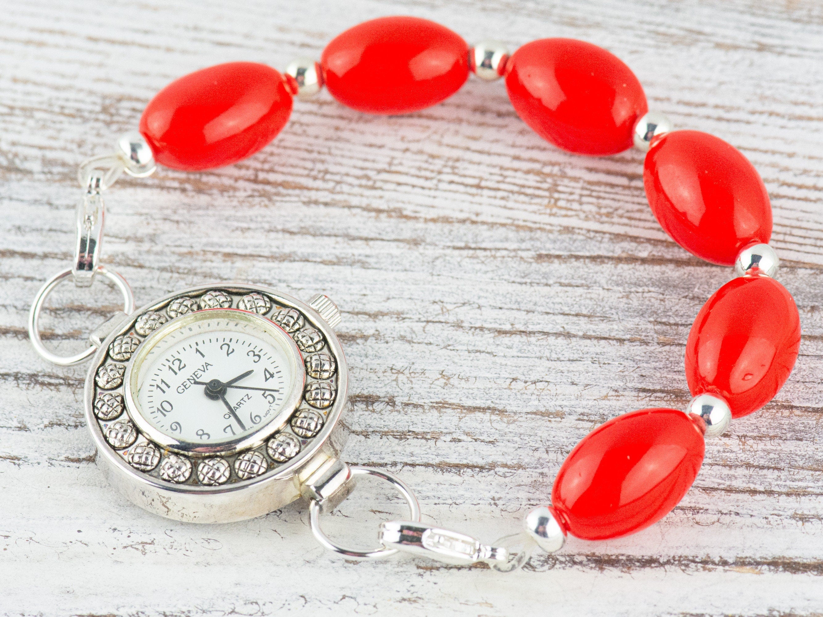 Red Vintage German Glass Interchangeable Stretch Beaded Watch Band • Medical ID Bracelet • Single Strand • Handmade Jewelry