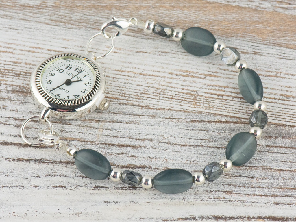 Smoky Gray Glass Interchangeable Stretch Beaded Watch Band • Medical ID Bracelet • Single Strand • Handmade Jewelry