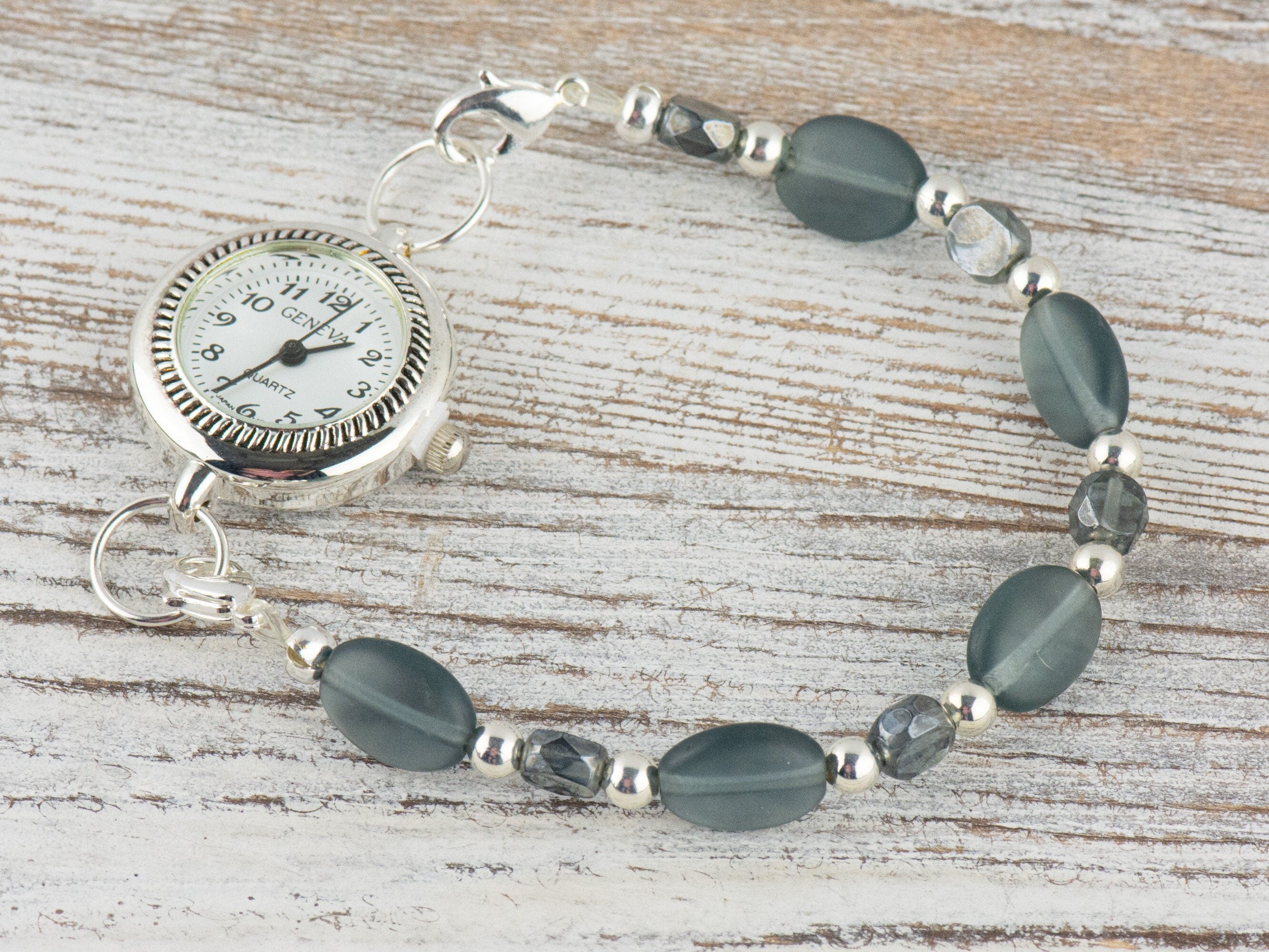Smoky Gray Glass Interchangeable Stretch Beaded Watch Band • Medical ID Bracelet • Single Strand • Handmade Jewelry