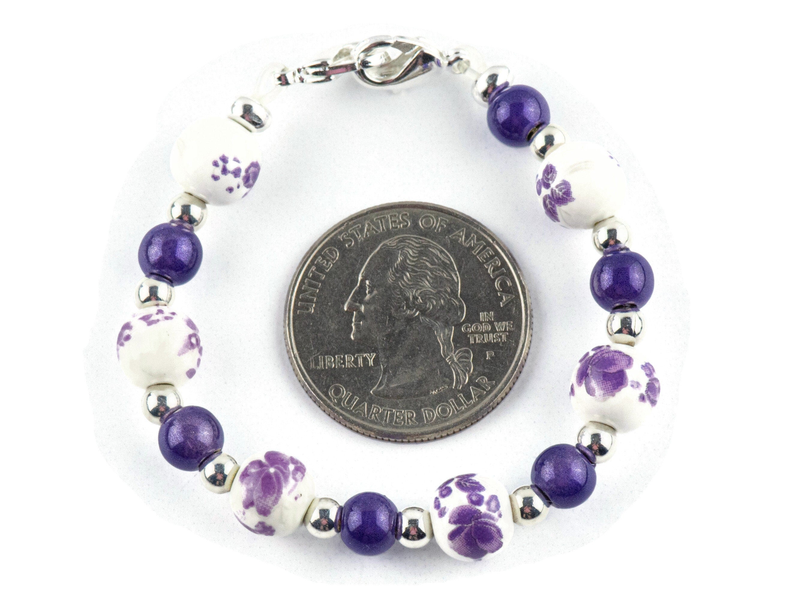 Floral Purple Ceramic and Glass Interchangeable Stretch Beaded Watch Band • Medical ID Bracelet • Single Strand • Handmade Jewelry