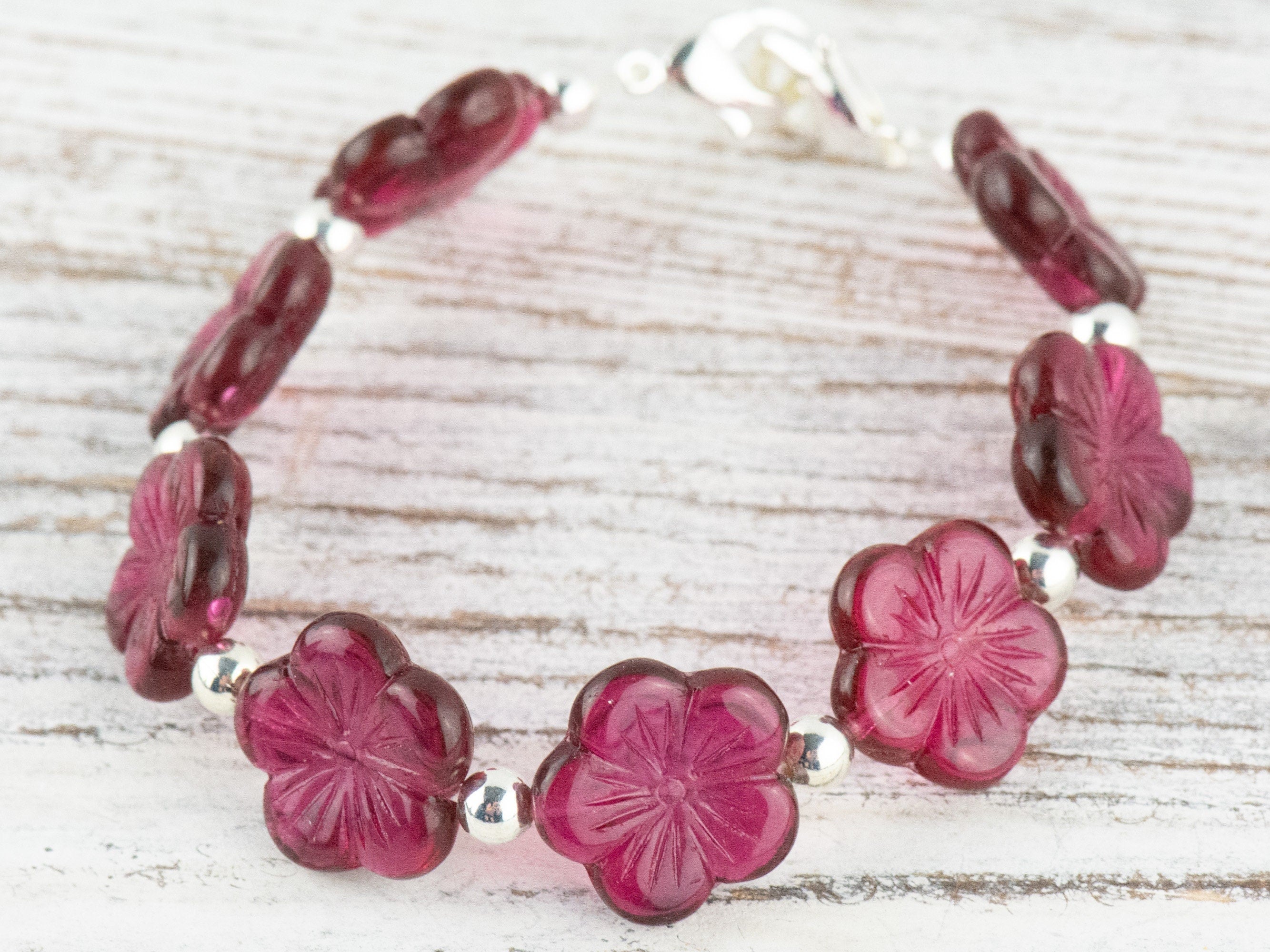 Very Berry Glass Flower Interchangeable Stretch Beaded Watch Band • Medical ID Bracelet • Single Strand • Handmade Jewelry