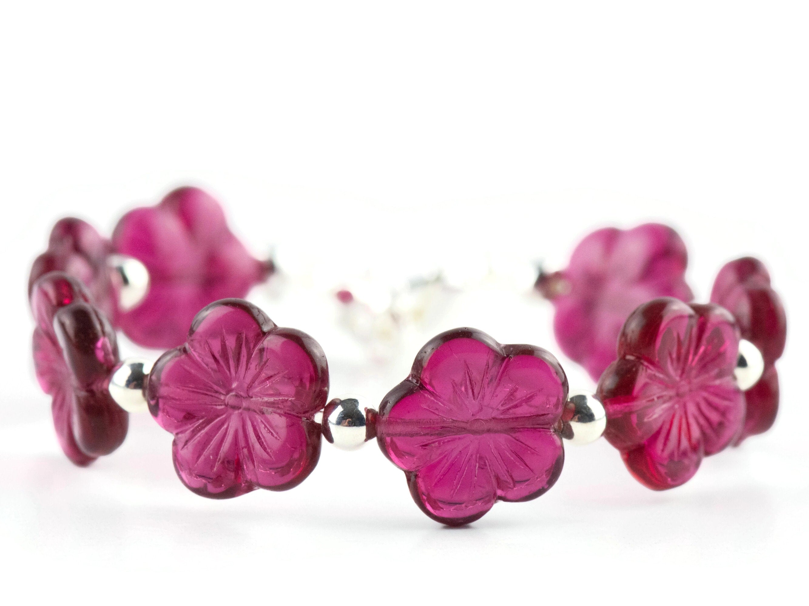 Very Berry Glass Flower Interchangeable Stretch Beaded Watch Band • Medical ID Bracelet • Single Strand • Handmade Jewelry