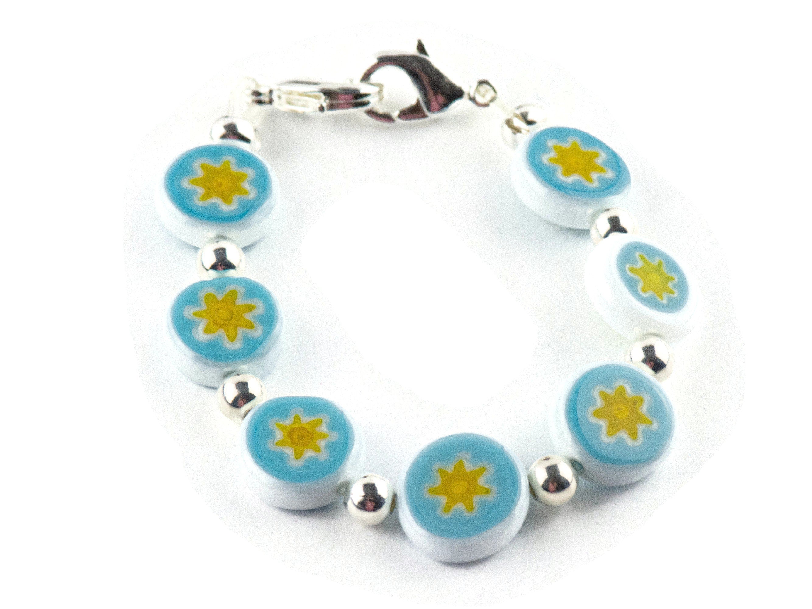 Blue & Yellow Star Glass Coin Interchangeable Stretch Beaded Watch Band • Medical ID Bracelet • Single Strand • Handmade Jewelry