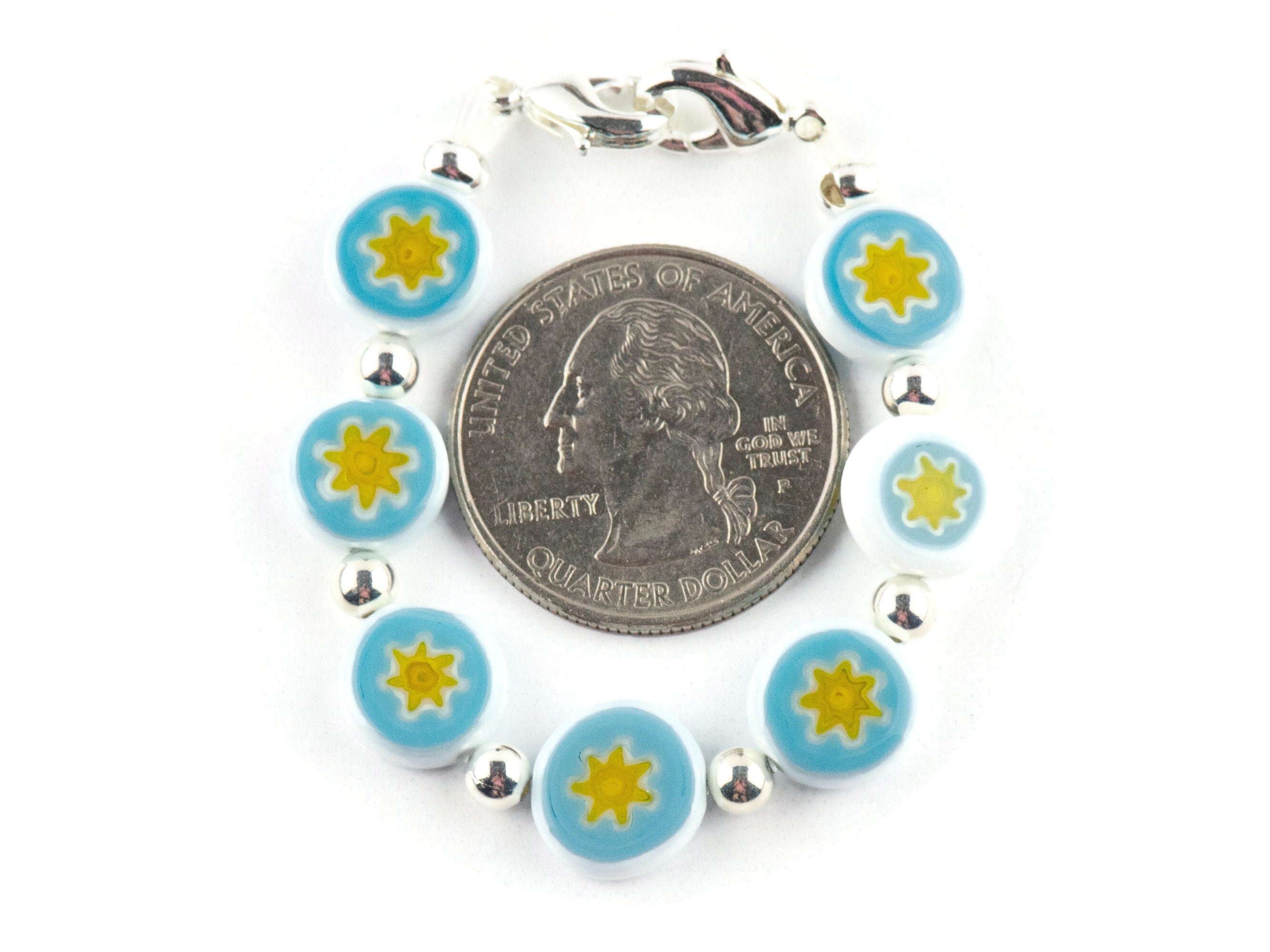 Blue & Yellow Star Glass Coin Interchangeable Stretch Beaded Watch Band • Medical ID Bracelet • Single Strand • Handmade Jewelry