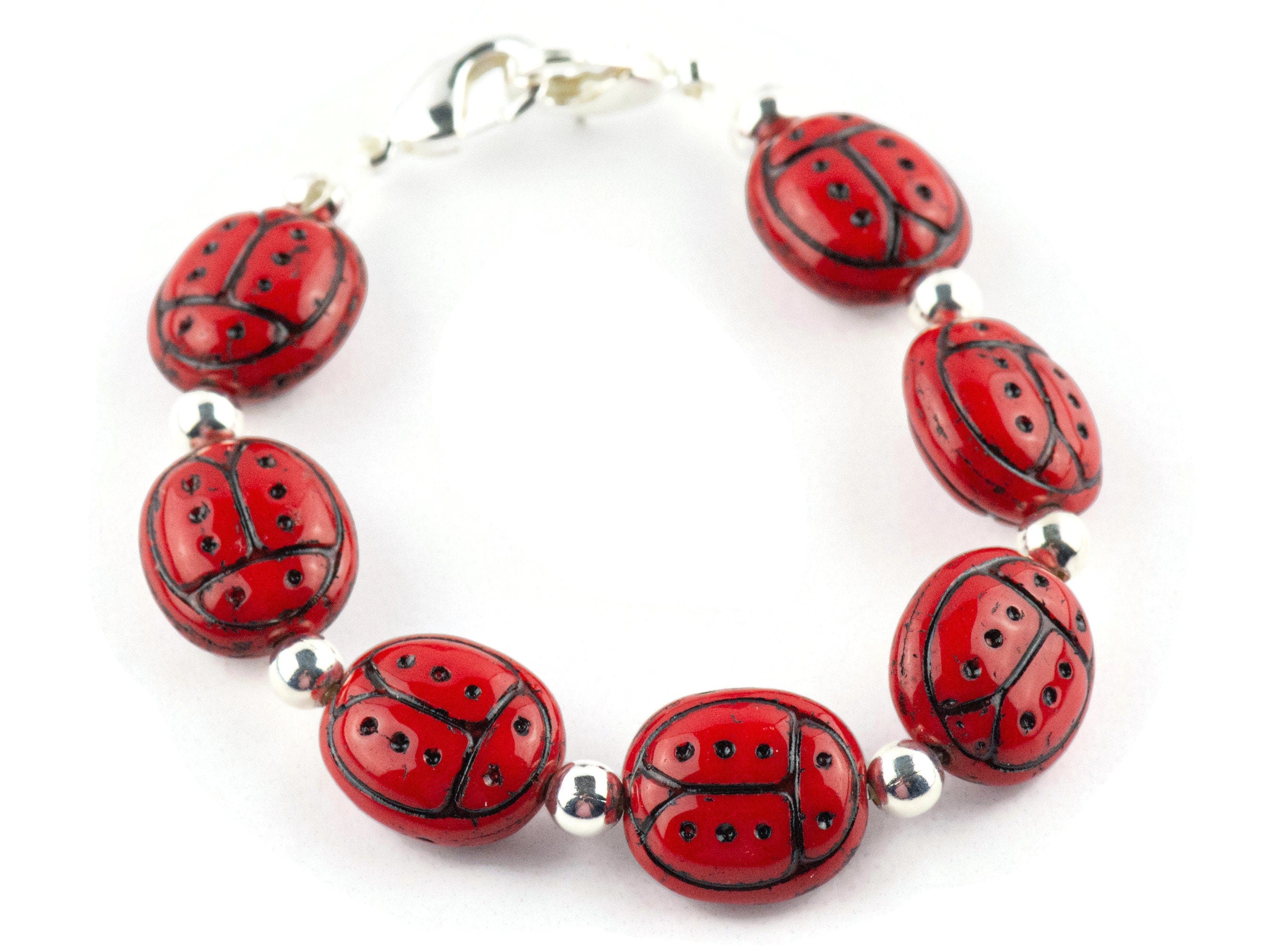 Red Ladybug Glass Interchangeable Stretch Beaded Watch Band • Medical ID Bracelet • Single Strand • Handmade Jewelry