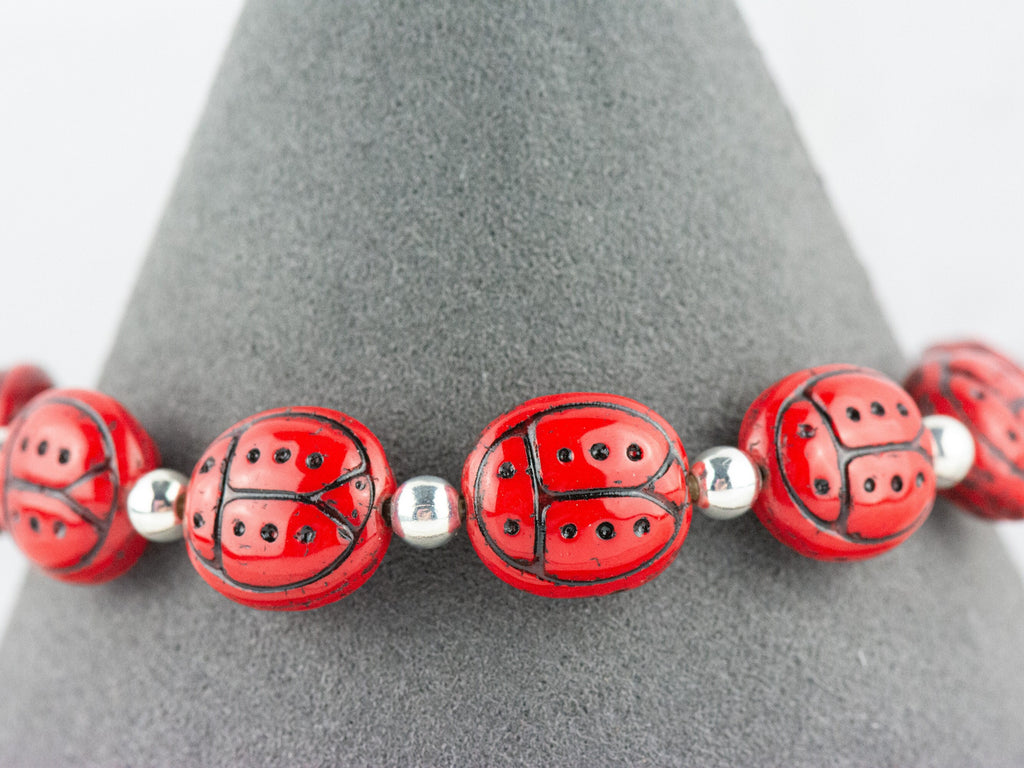 Red Ladybug Glass Interchangeable Stretch Beaded Watch Band • Medical ID Bracelet • Single Strand • Handmade Jewelry