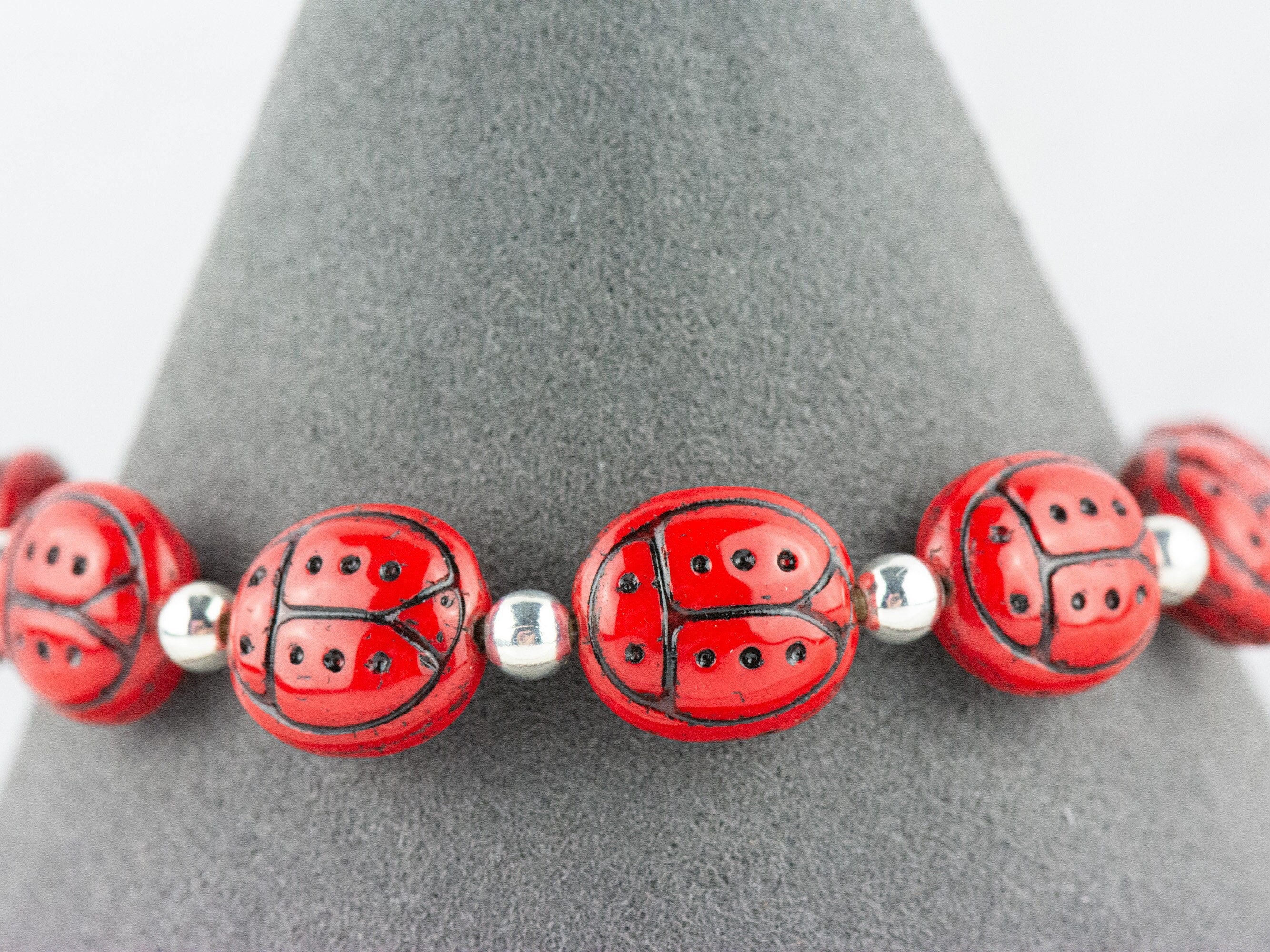 Red Ladybug Glass Interchangeable Stretch Beaded Watch Band • Medical ID Bracelet • Single Strand • Handmade Jewelry