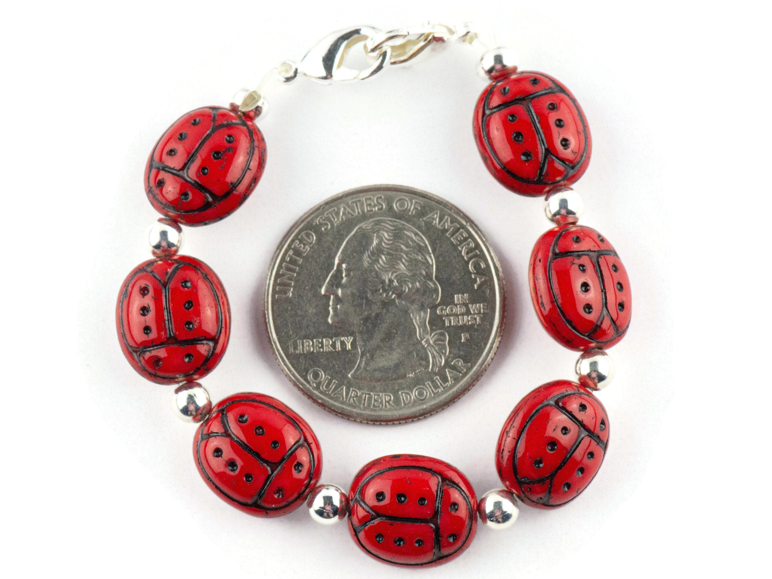 Red Ladybug Glass Interchangeable Stretch Beaded Watch Band • Medical ID Bracelet • Single Strand • Handmade Jewelry