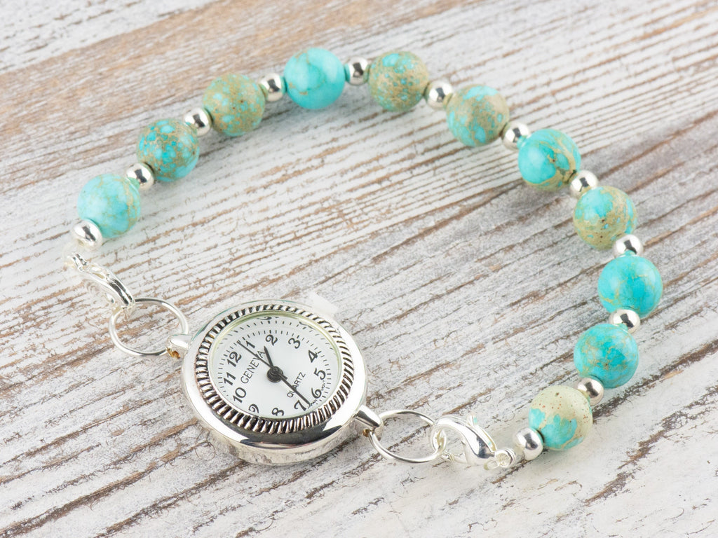Blue Imperial Jasper Interchangeable Stretch Beaded Watch Band • Medical ID Bracelet • Single Strand • Handmade Jewelry